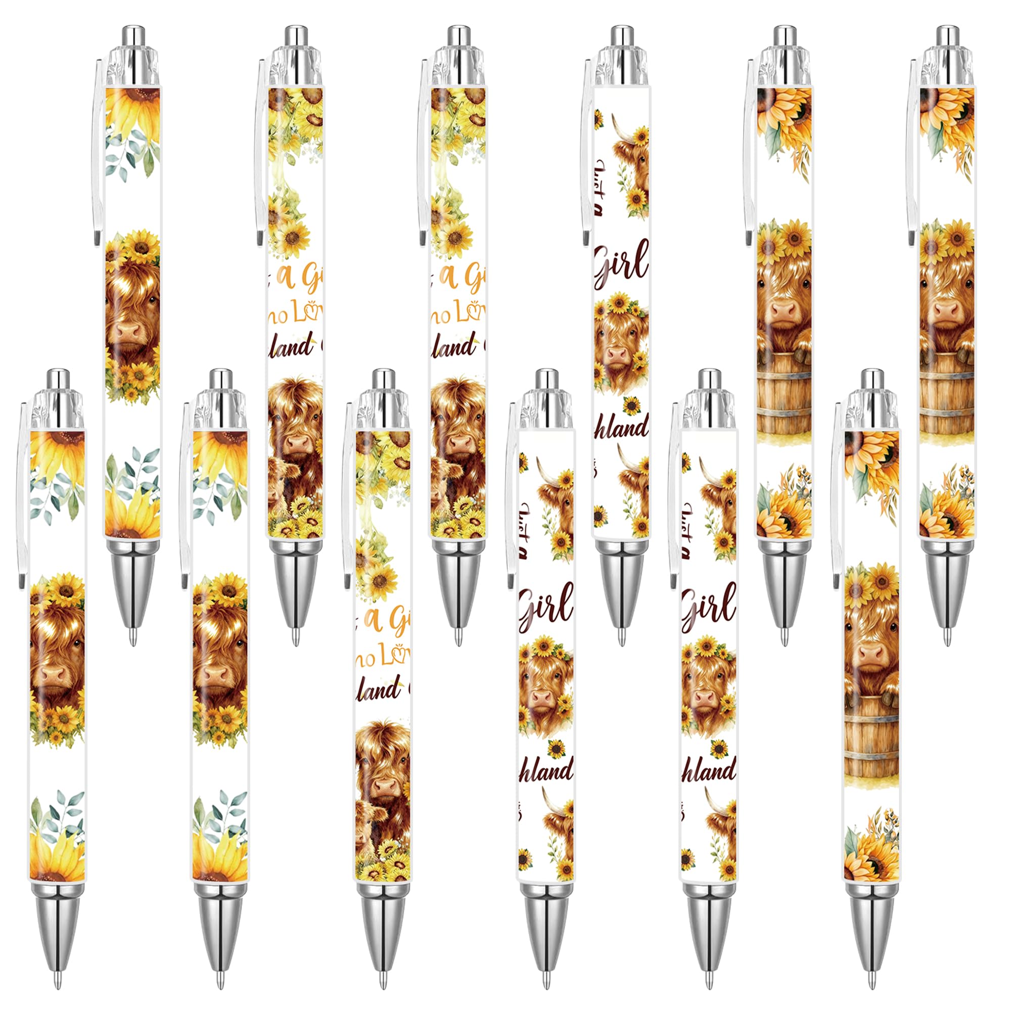 12 Pcs Highland Cow Ballpoint Pens Set for Women, Cute Sunflower Cows Pens, Highland Cows gifts 6 Designs 2 Each, Farm Animal Gift Pens for Girls, Cow Lover Birthday Party Graduation Supplies — image 1