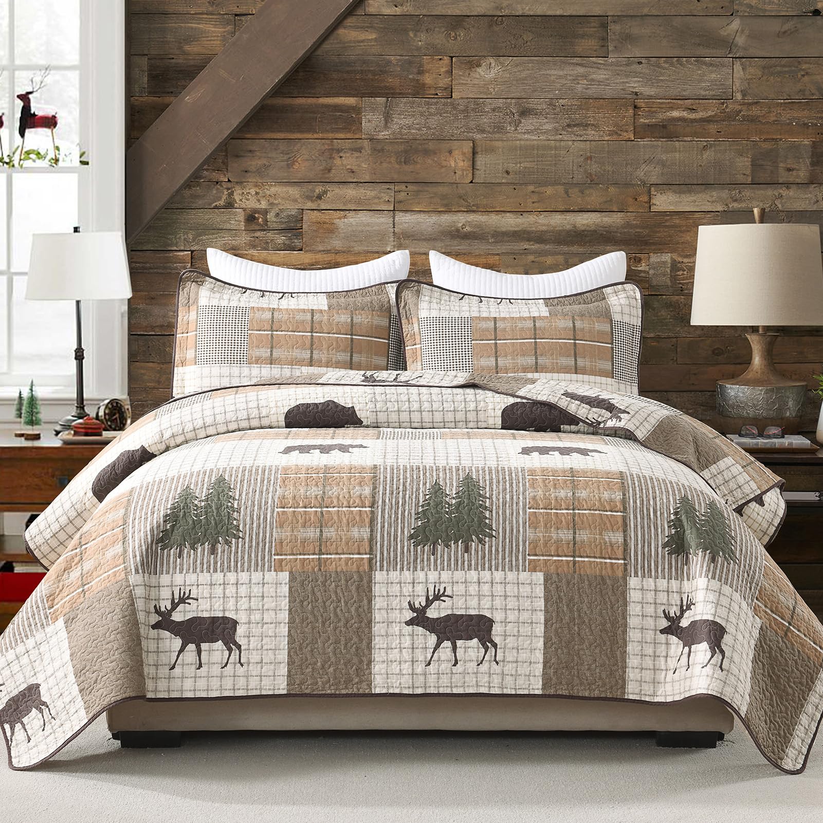 Finlonte Quilt King Size, 100% Cotton King Size Quilt, Lodge Cabin Farmhouse King Quilt, Brown Beige Green Plaid Lightweight Soft Quilted Bedspread