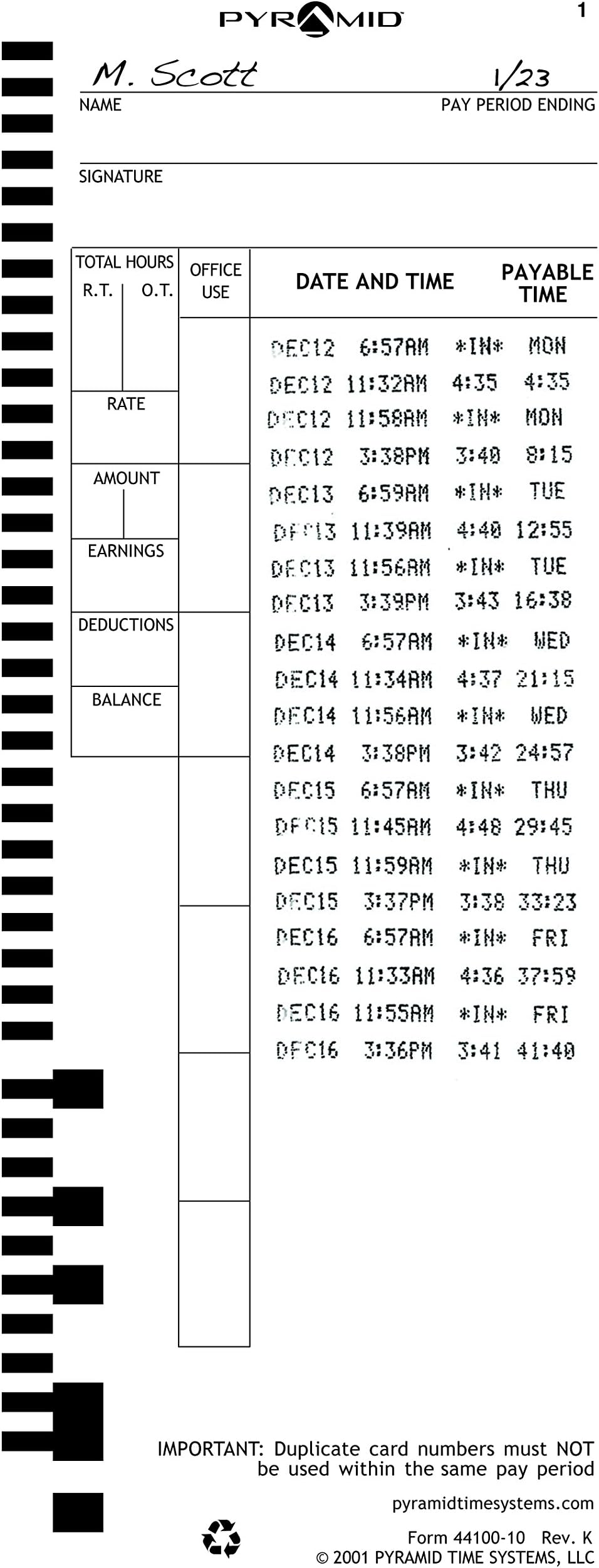 Pyramid Time Systems44100-10MB, 1,000 Count Genuine and Authentic Time Cards for 4000, 4000Pro, 4000ProK and 5000 Series Time Clocks from Pyramid, Time Cards