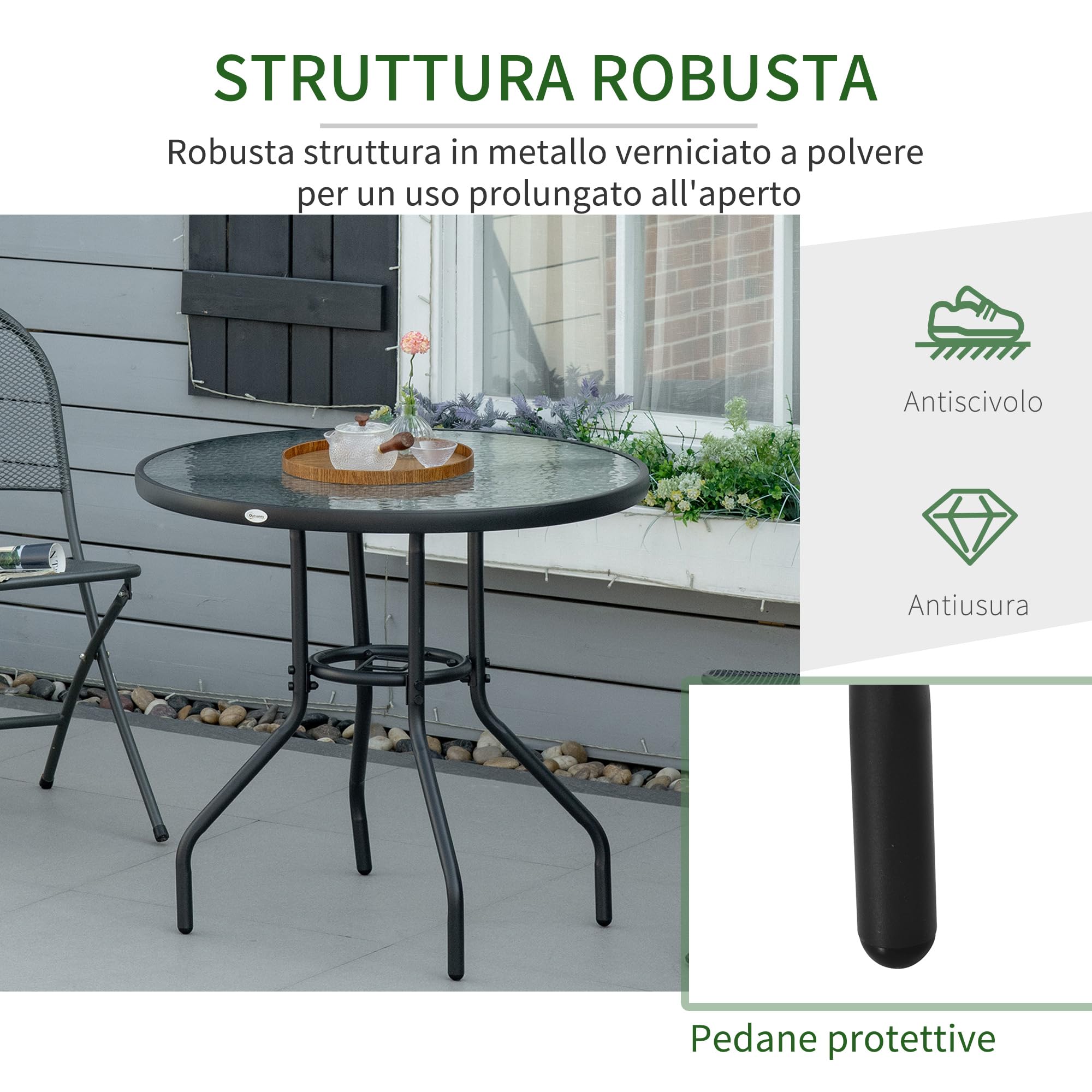Outsunny Tavolo da Giardino Rotondo 80 cm con Foro per Ombrellone, Tavolino da Caffè Esterno con Piano in Vetro Temperato, Struttura in Metallo per Patio, Terrazzo, Balcone, Nero