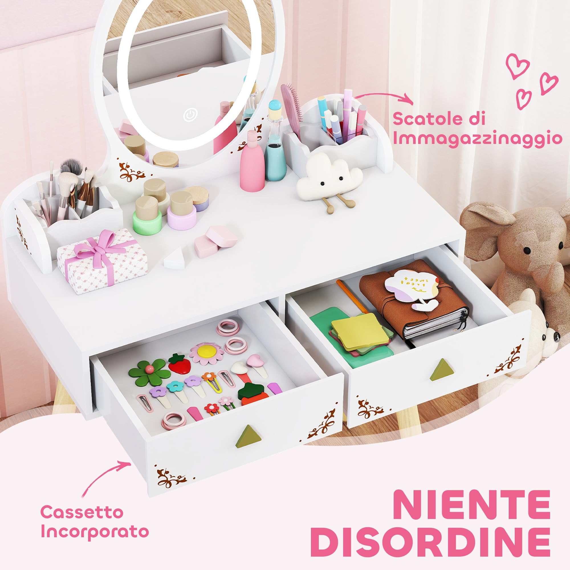 AIYAPLAY Set Toeletta 2 in 1 con Specchio Illuminato e Sgabello, Tavolo da Trucco con Luce LED a 3 Colori, 2 Cassetti e 2 Scatole in Legno, Tavolino per Bambini da 3+ Anni, Bianco