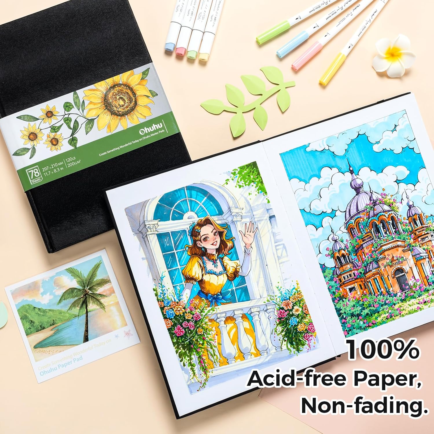 Ohuhu Sketchbook Marker Paper Pad: 8.3"x11.7" Large Art Sketch Book Drawing Papers 78 Sheets/156 Pages 120 lb/200 gsm Hardcover Sketching Books for Alcohol Markers Sketchpad Christmas Gift