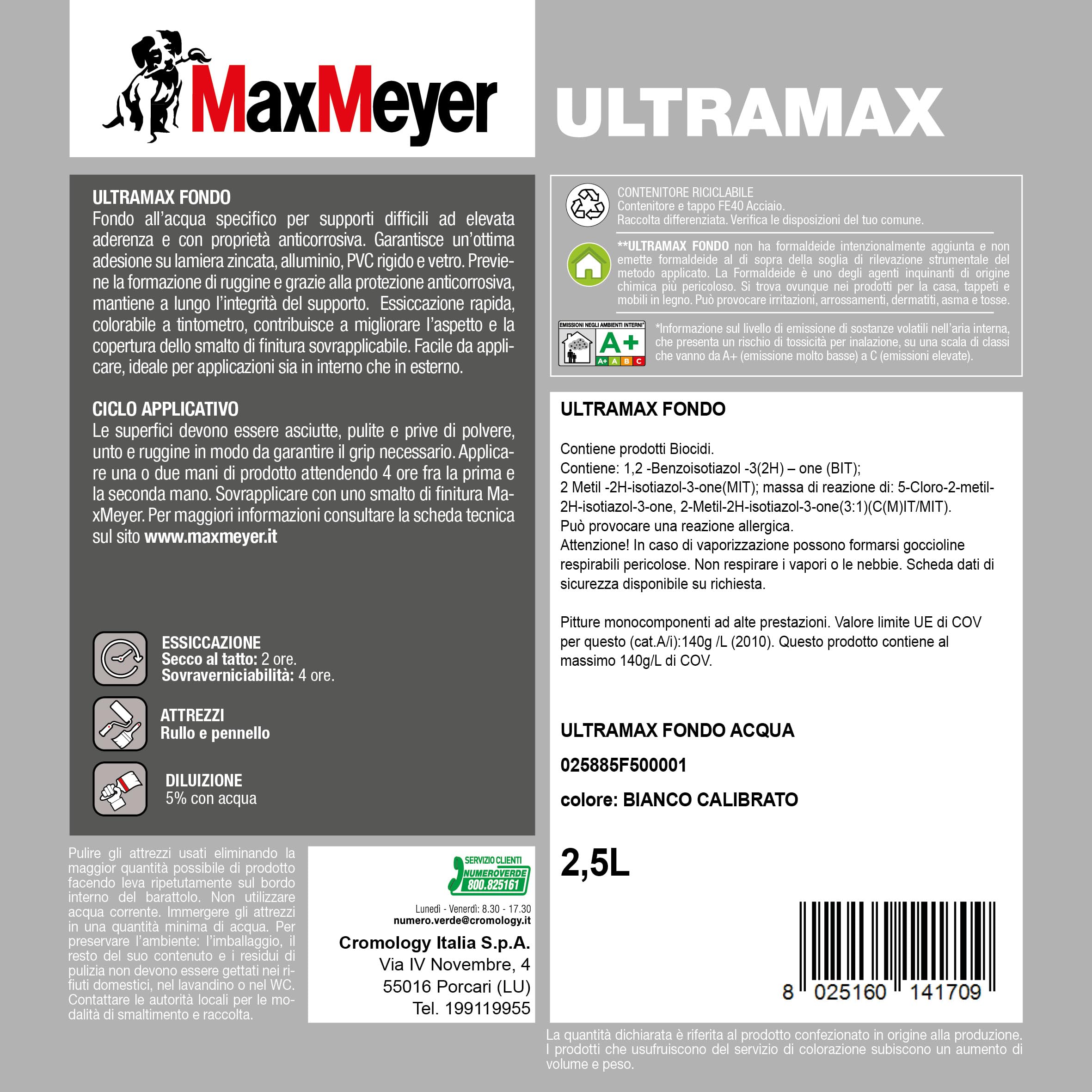 MAXMEYER ULTRAMAX Fondo Multisupporto, Protezione Anticorrosiva, Ottima Copertura, A+ Senza Formaldeide, Bianco, 2,5 Litri
