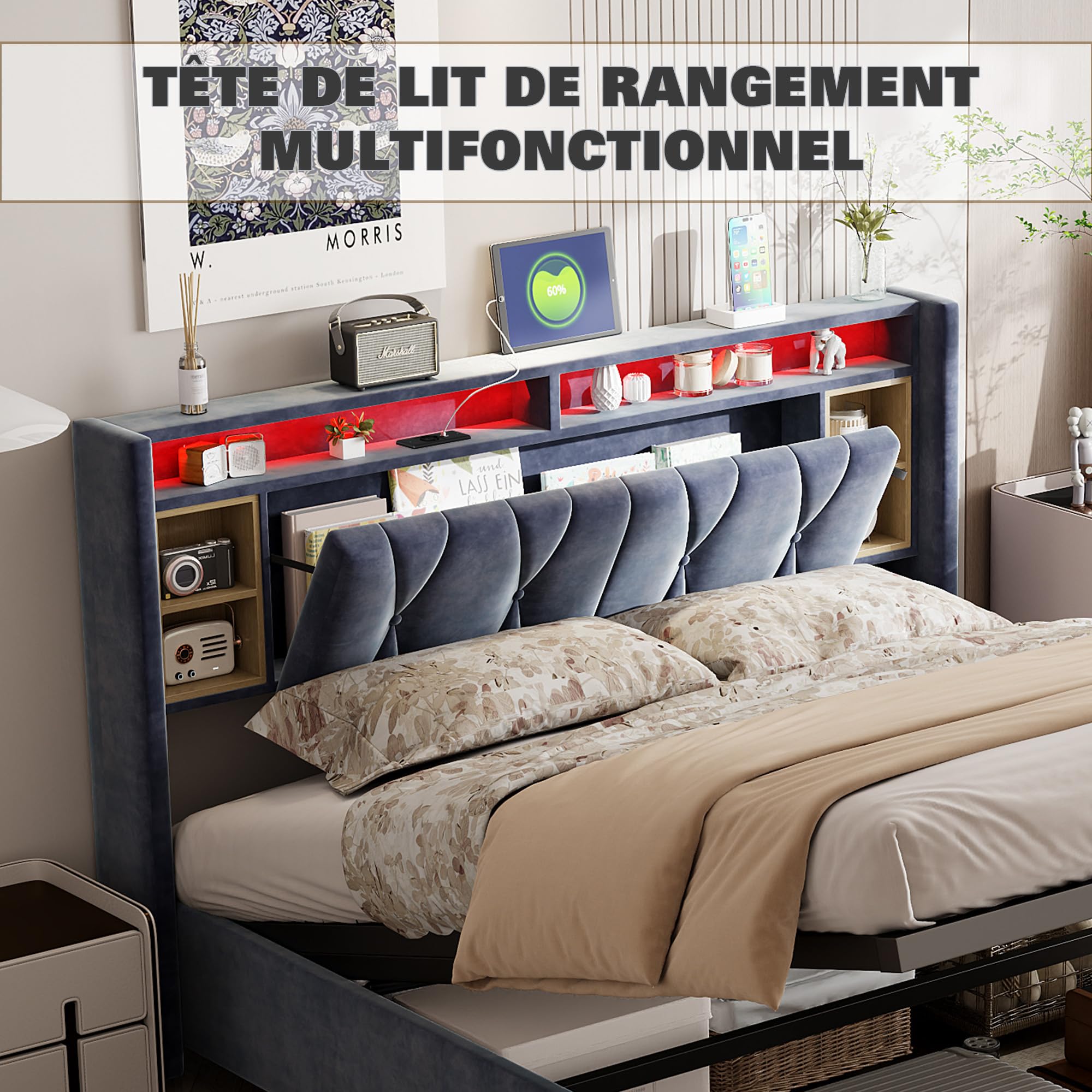 Lit Double 160x200 Avec Coffre De Rangement - Tête De Lit LED Et USB - Velours Beige - Sommier à Lattes - Charge 250 Kg - 14