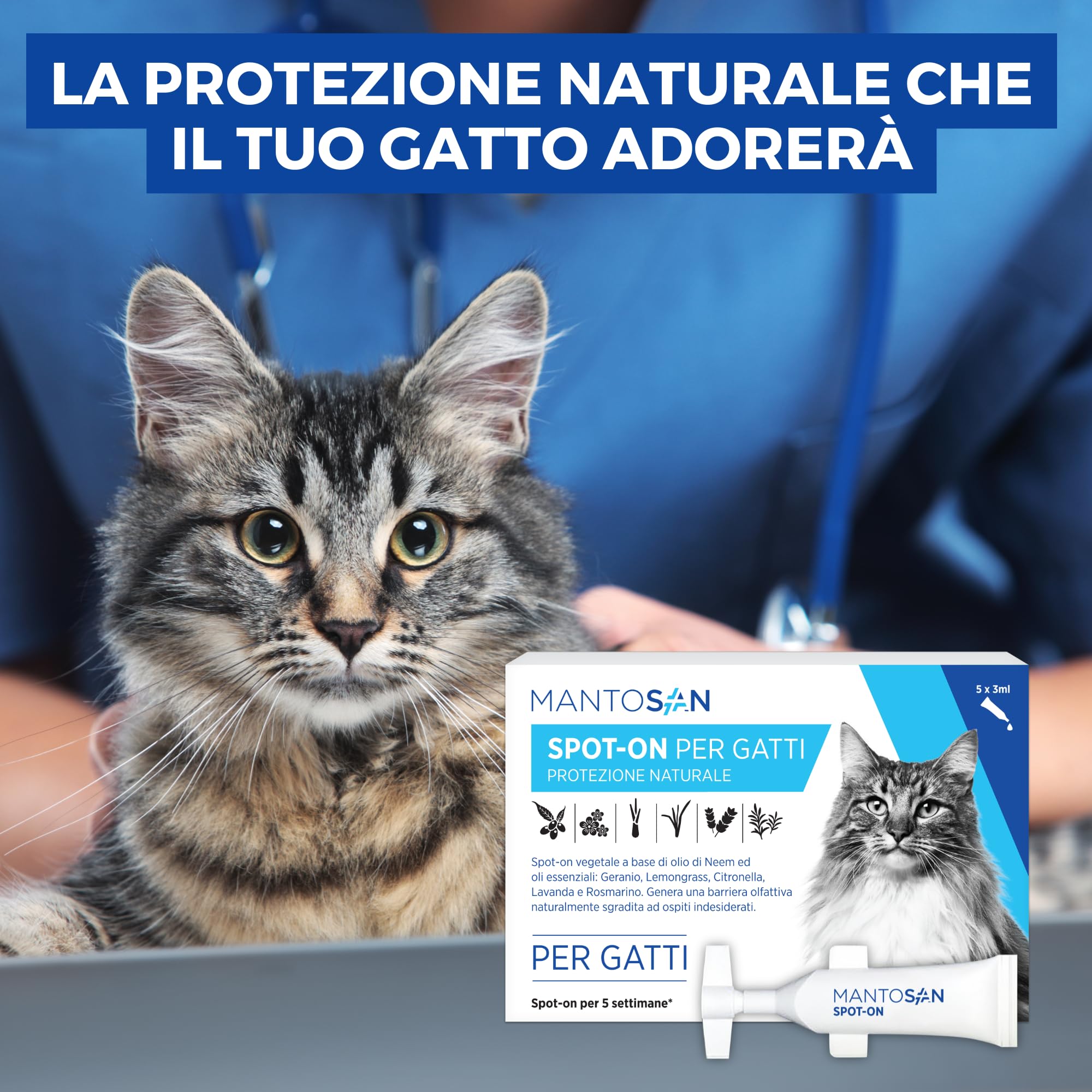 Mantosan Spot-On Vegetale per Gatti 5 Pipette da 3ml Protezione Naturale con Olio di Neem Ozonizzato e Oli essenziali di Geranio, Citronella, Lemongrass, Lavanda e Rosmarino - Nuova Formula
