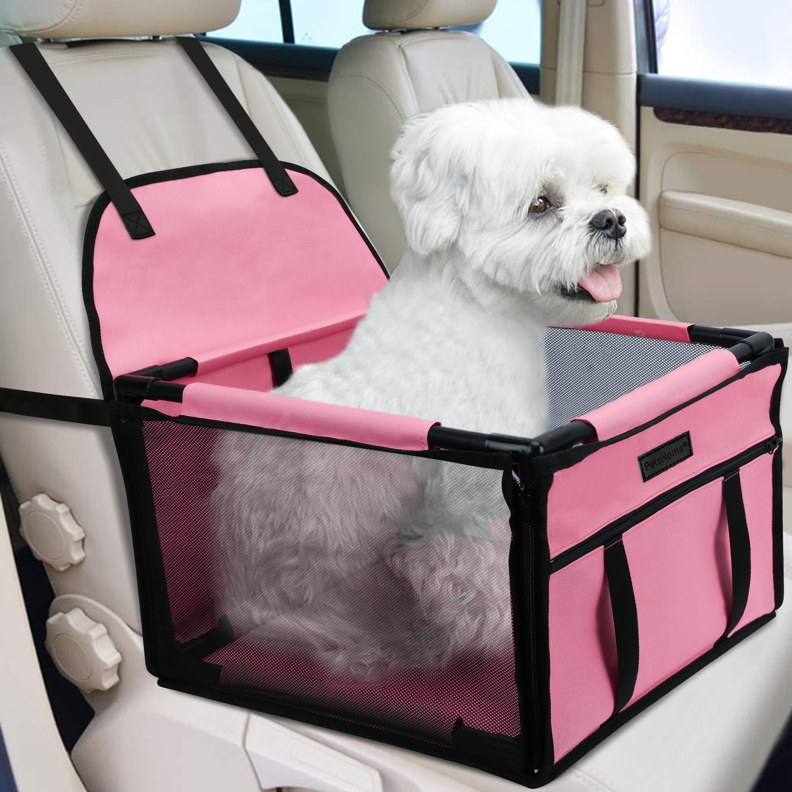 Dog Car Seat Foldable Dog Car Booster Seat Waterproof Breathable Oxford Travel Bag for Small to Medium Dogs, Puppies, and Pets-Pure Pink-Upgrade