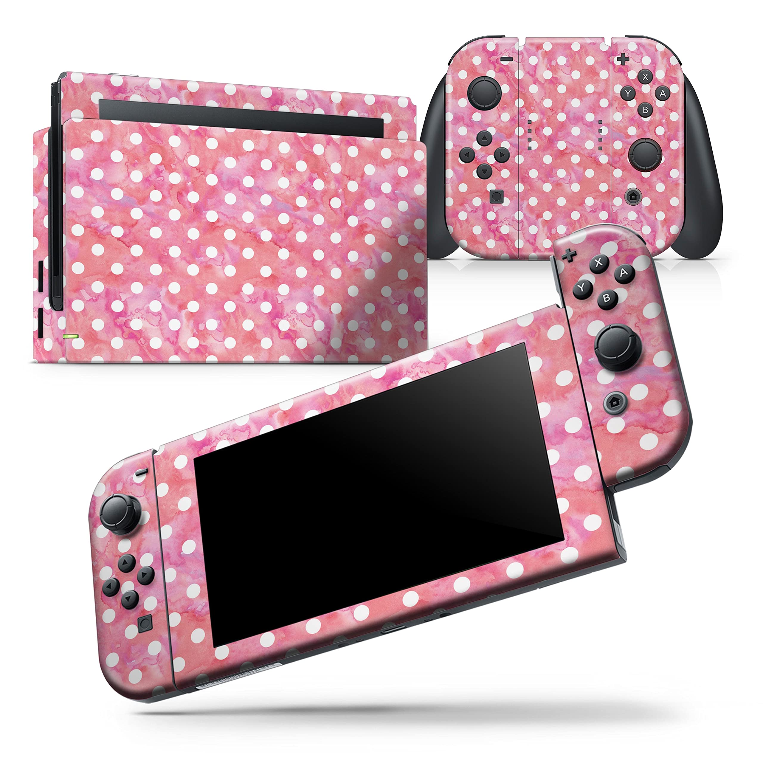 Design SkinzCompatible with Nintendo Switch Joy-Con Only - Skin Decal Protective Scratch-Resistant Removable Vinyl Wrap Cover - White Polka Dots Over Pink Watercolor