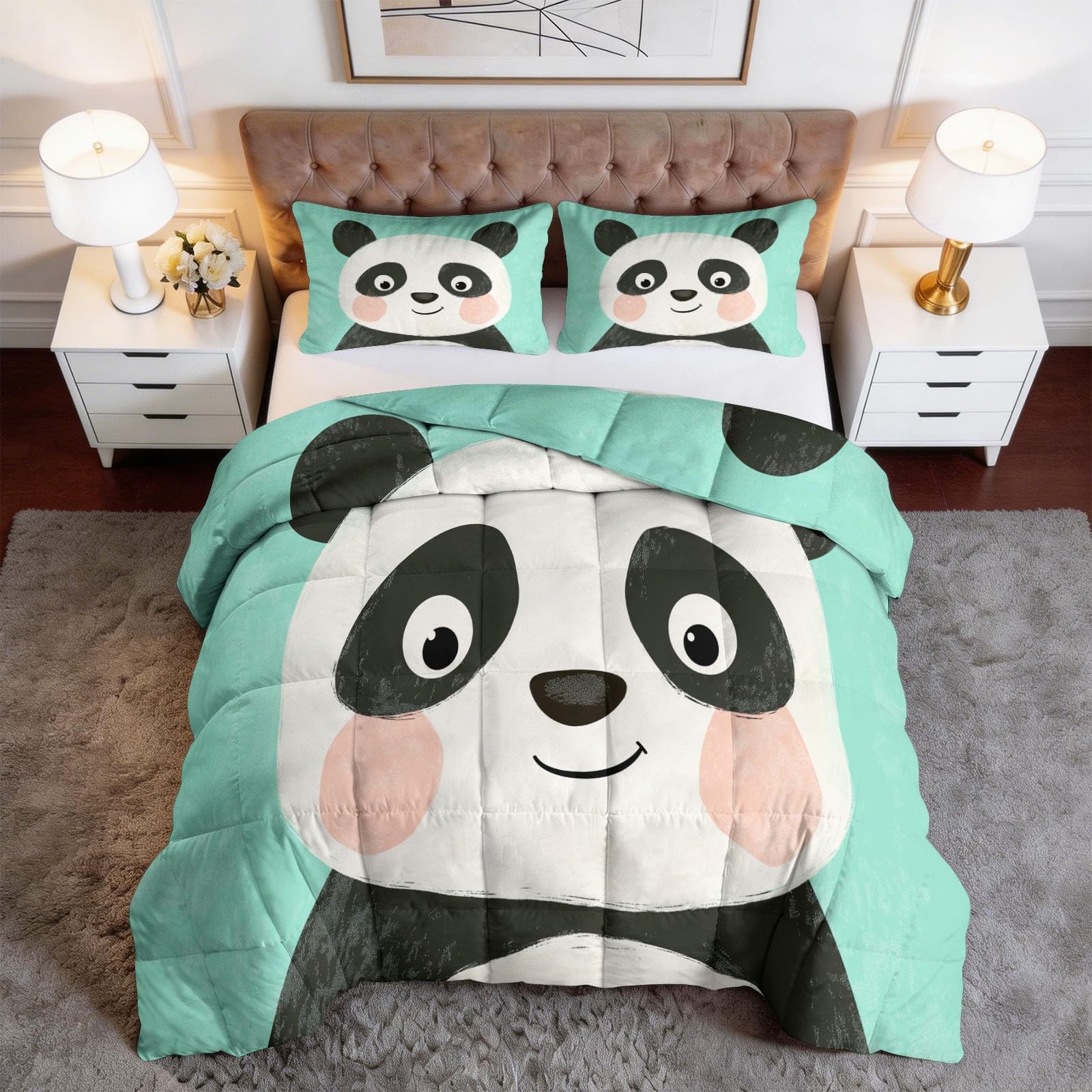 Cartoon Animal Panda kołdra bez poszewki, 155 x 220 cm, miękka minimalizm, pikowana kołdra dla dzieci i chłopców, lekka kołdra – nadaje się do prania, lodowa zieleń, całoroczna, nie wymaga prasowania