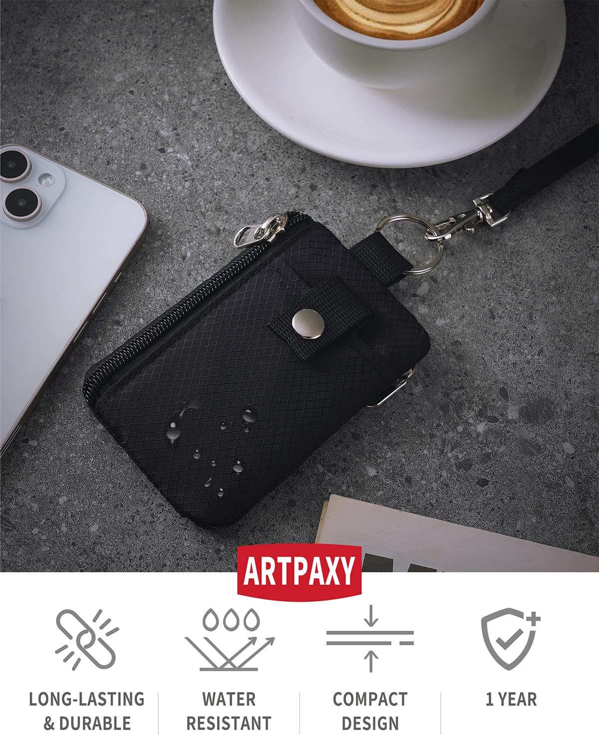 Artpaxy Minimalist Wallet For Mens Womens, Keychain RFID Blocking Zipper Small Wallet with ID Window 2 Lanyards,Water Resistant Travel Cash Card Coin Case Boys Girls