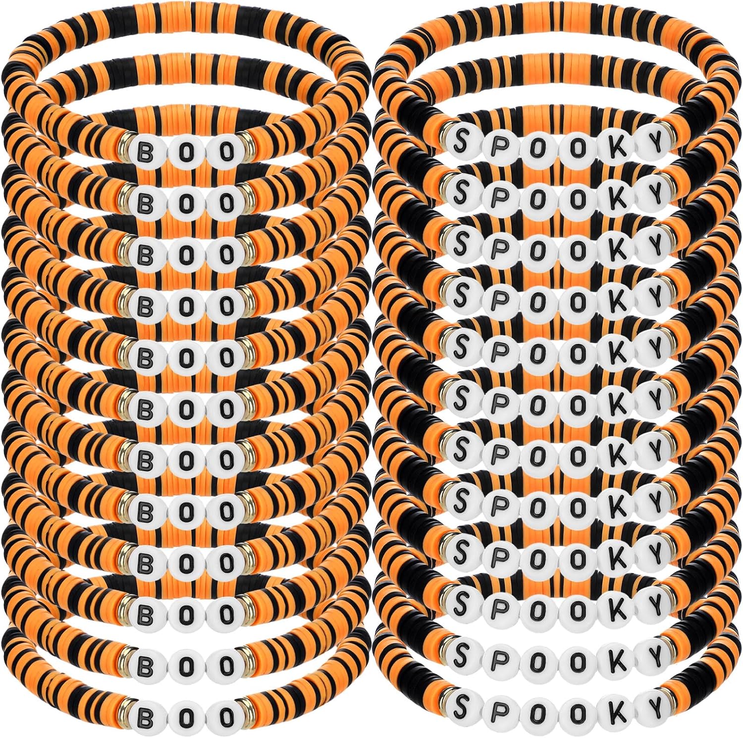 Yinkin 24 Pieces Spooky Boo Halloween Bracelets — Polymer Clay Beaded Stretch Bracelets — Letter Boho Halloween Jewelry for Women — Halloween Party Favors for Family Friend Accessory Gift (Orange and Black)