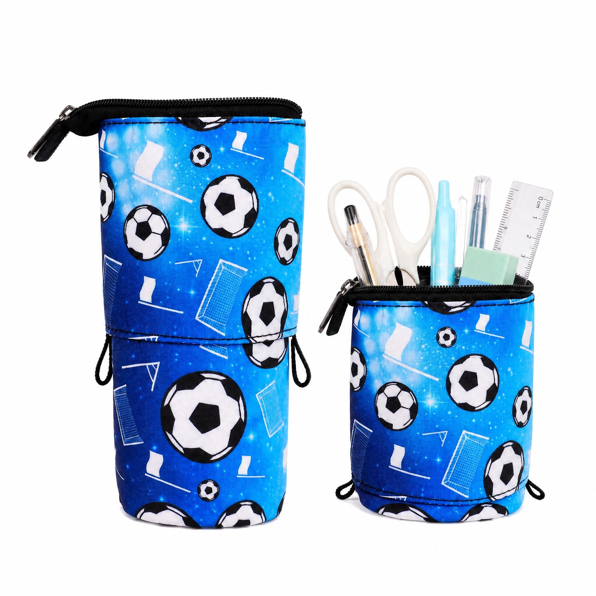 YCDKK Football Pencil Case for Boys, Standing Telescopic 2-in-1 Pencil Pouch, Large Capacity Boys Stationery Case, Football Themed School Pencil Bag for Kids (Blue)