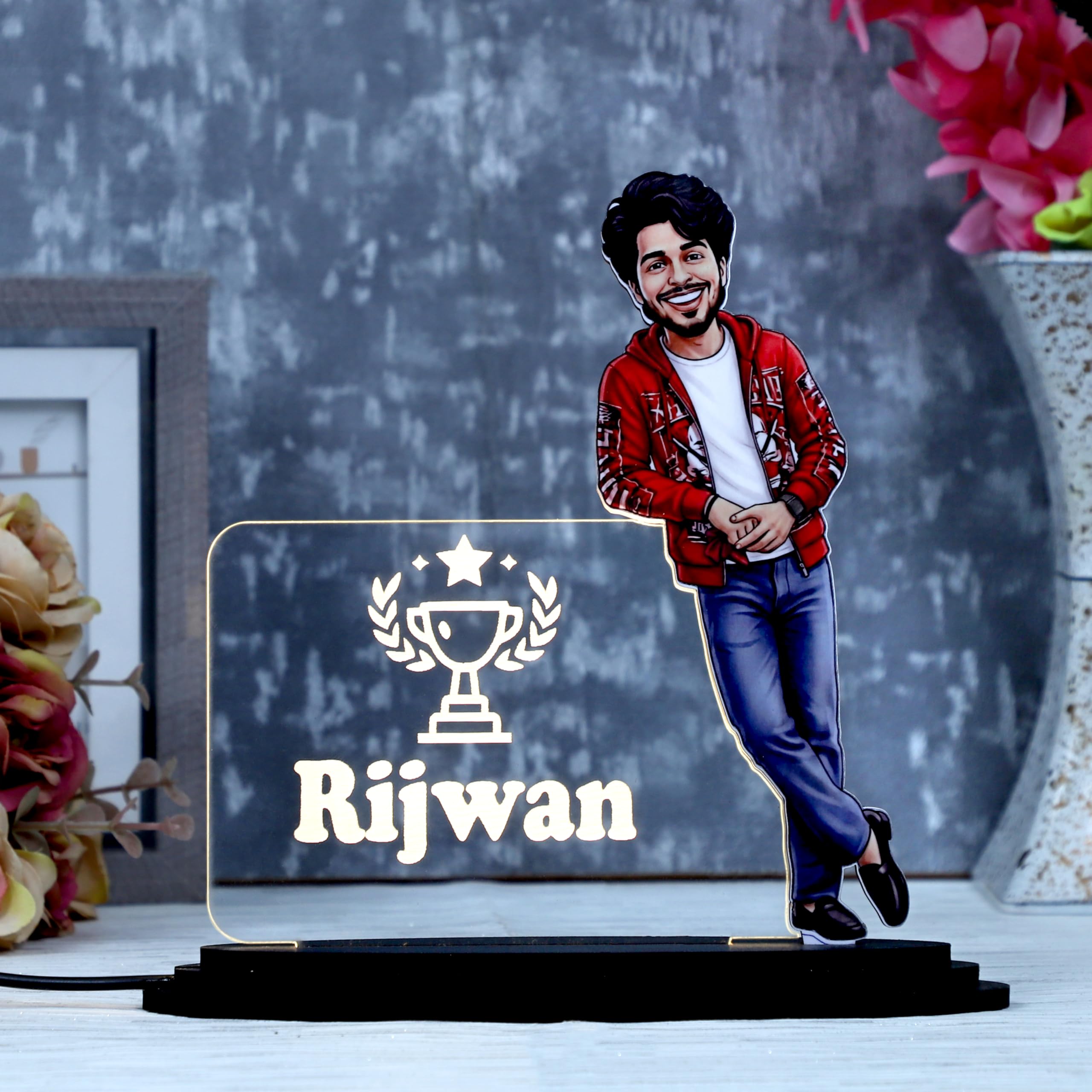 Personalized LED Acrylic Name Plate with Custom Caricature – Customized Gift for Men, Birthday & Valentine’s Day Gift, Desk Decor Showpiece, Full Clothes Bodybuilder Caricature-image-6