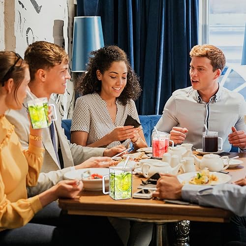 Miniatura 5 de Gejoy 6 tazas cuadradas de vidrio con pajitas, vasos de cóctel finos y bonitos, vasos de café helado portátiles con asa y cepillos para pajilla,