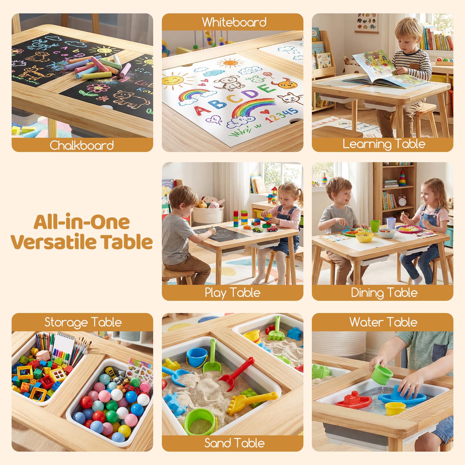 LIFEZEAL Tavolo da attività con 2 sedie per bambini, gruppo di seggiolini per bambini, tavolo sensoriale, in legno, per ragazzi e ragazze, sabbia e acqua, set di mobili per bambini (naturale)