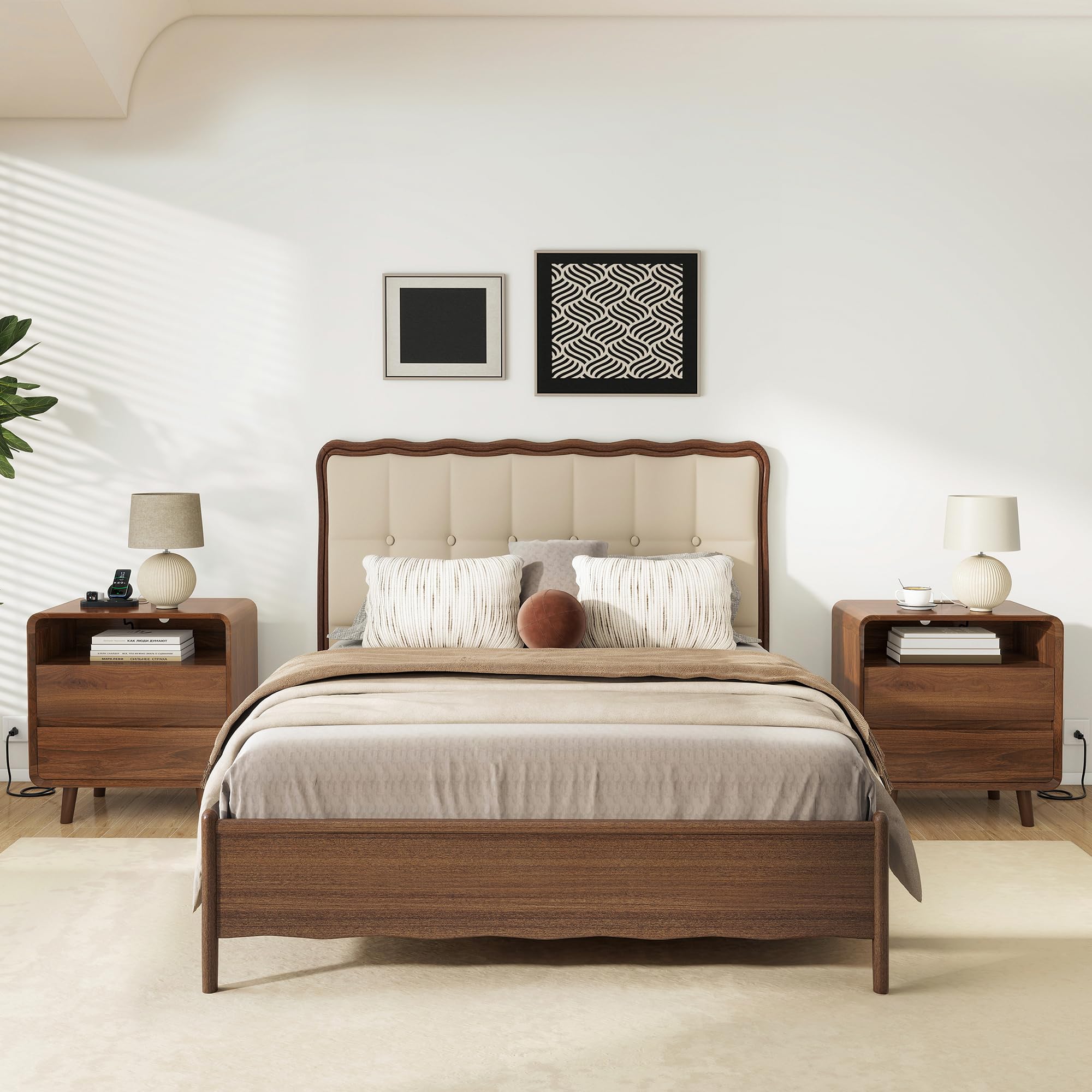 nasonet mid century modern nightstand with charging station, wood bedroom end tables set of 2 nightstands with drawers, bedside table for living room, curved profile design, walnut(2 boxes)