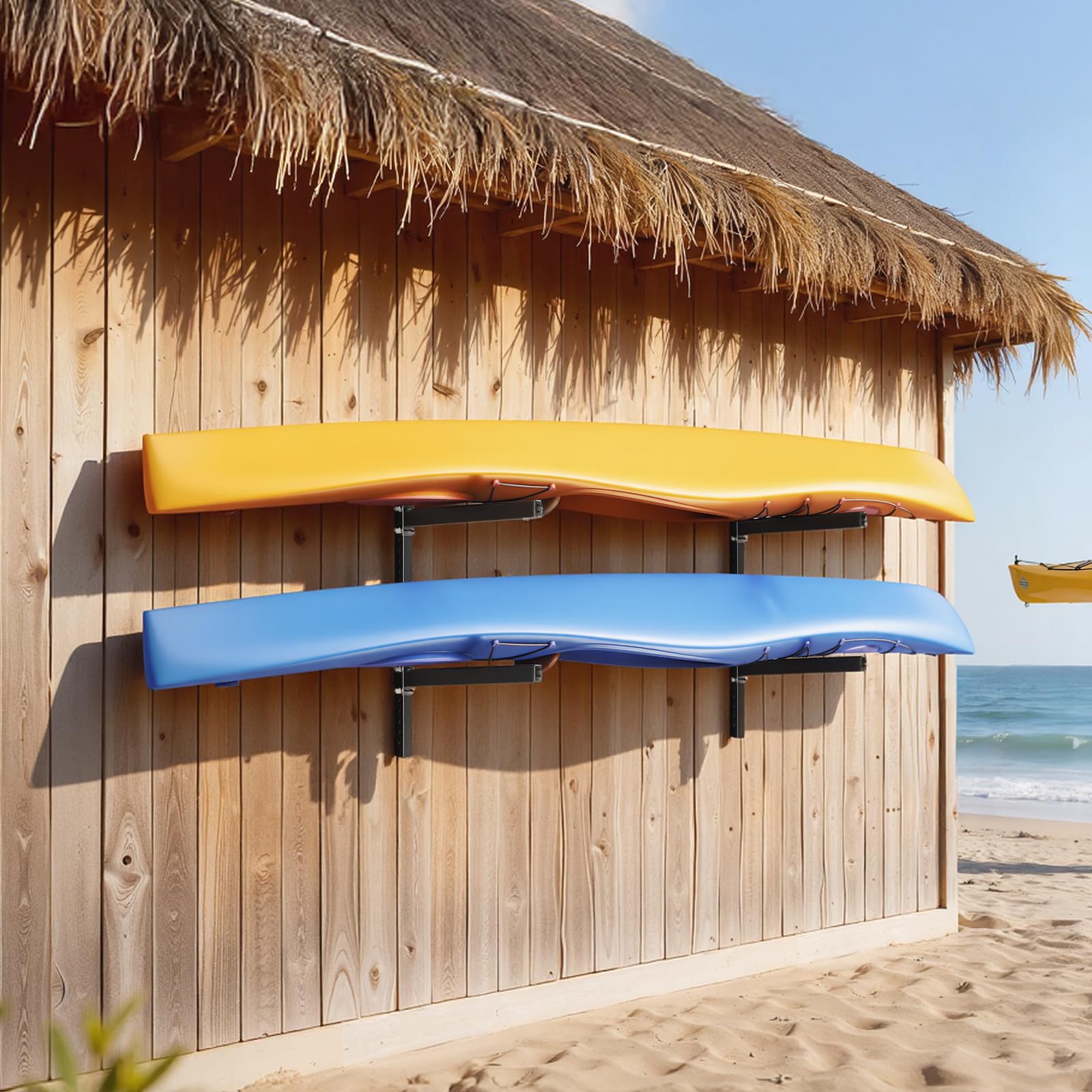 VEVOR Kajak-Aufbewahrungsregal Wandhalterung für 2 Kajaks/Kanus/Surfbretter/Paddleboards/Kleine Boote, Kajakständer mit 90,7 kg Tragkraft, Einstellbarer Kajakhalterung Lagergestell für Garage Steg