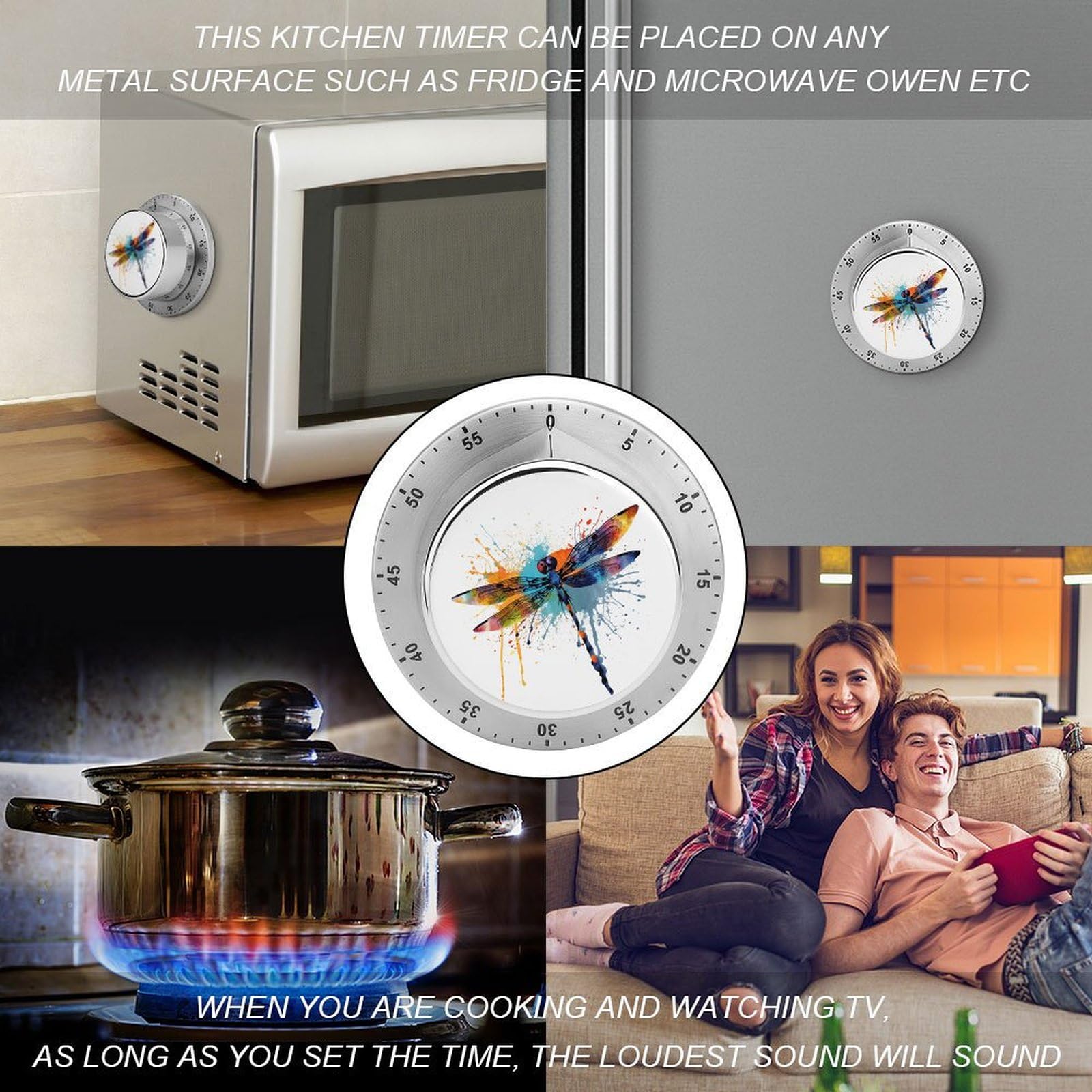 Mechanischer Edelstahl-Timer, Küchentimer, Farbspritzer, Libelle, bedruckt, Edelstahl, Countdown-Timer für Fitness-Projekte und Küchenaufgaben