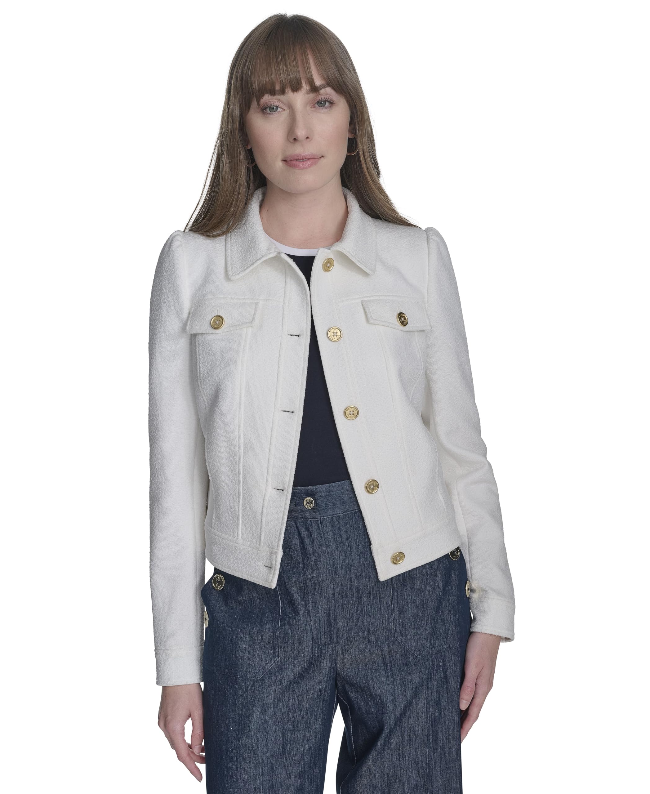 Tommy Hilfiger Womens Long Sleeve Puff Shoulder Boucle Jacket