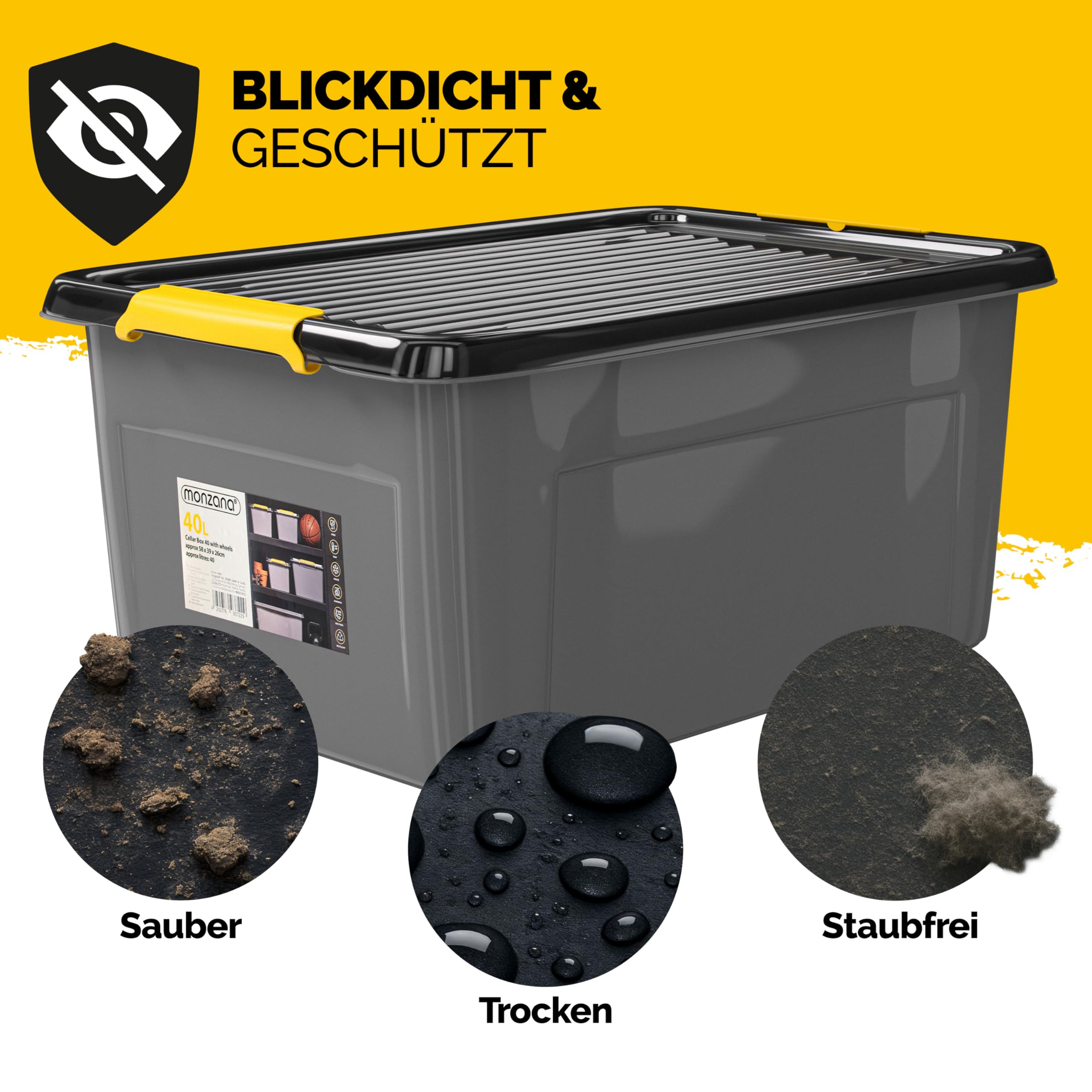 Monzana® 6x Aufbewahrungsbox 40L mit Deckel 40kg belastbar Kunststoff BPA frei Klickverschluss stabil flexibel stapelbar blickdicht Keller Garage Box