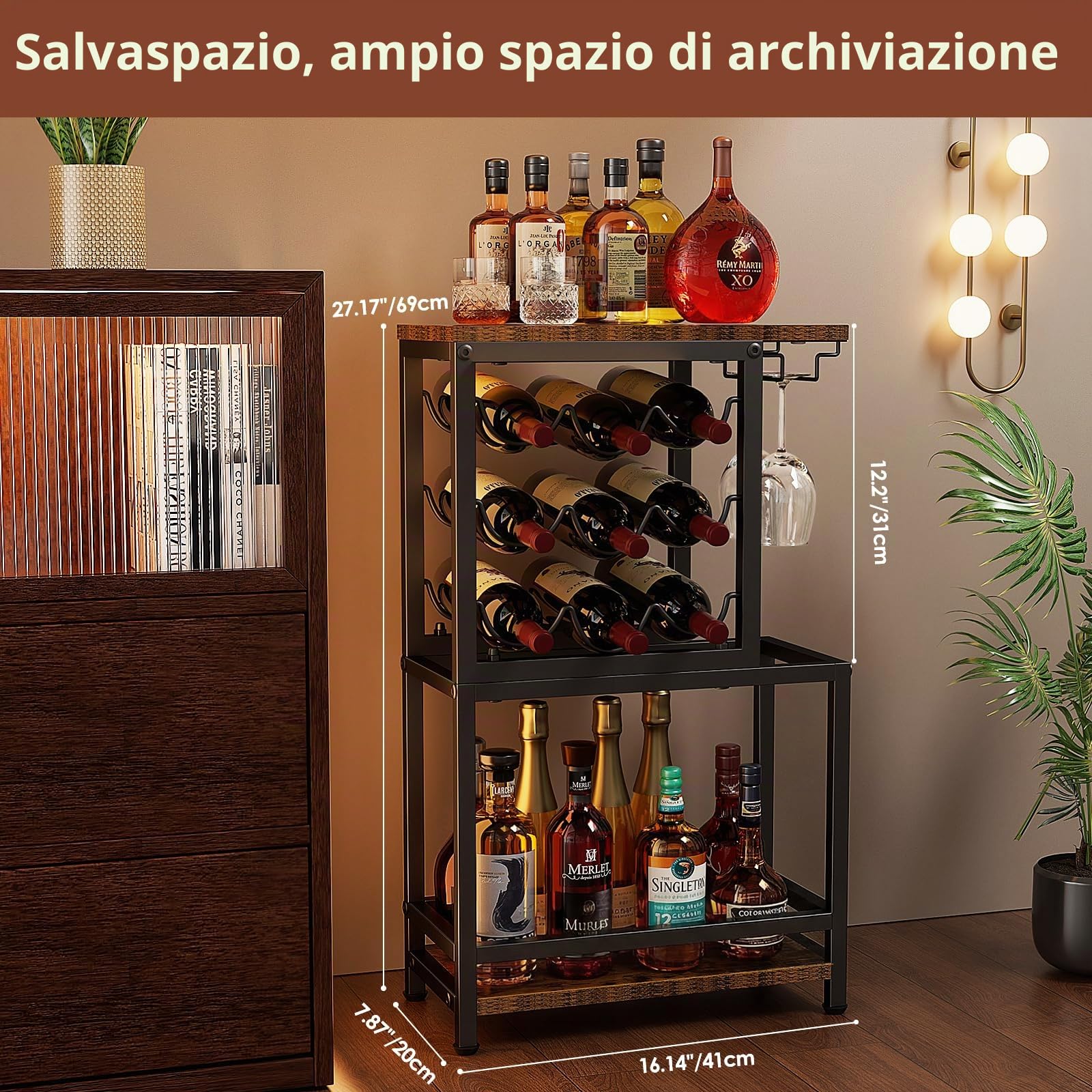 Nuovoware Portabottiglie a 3 ripiani, da appoggio, marrone e nero | con portaocchiali, espositore versatile per liquori, per casa, minibar, espositore da tavolo angolare per liquori e whisky