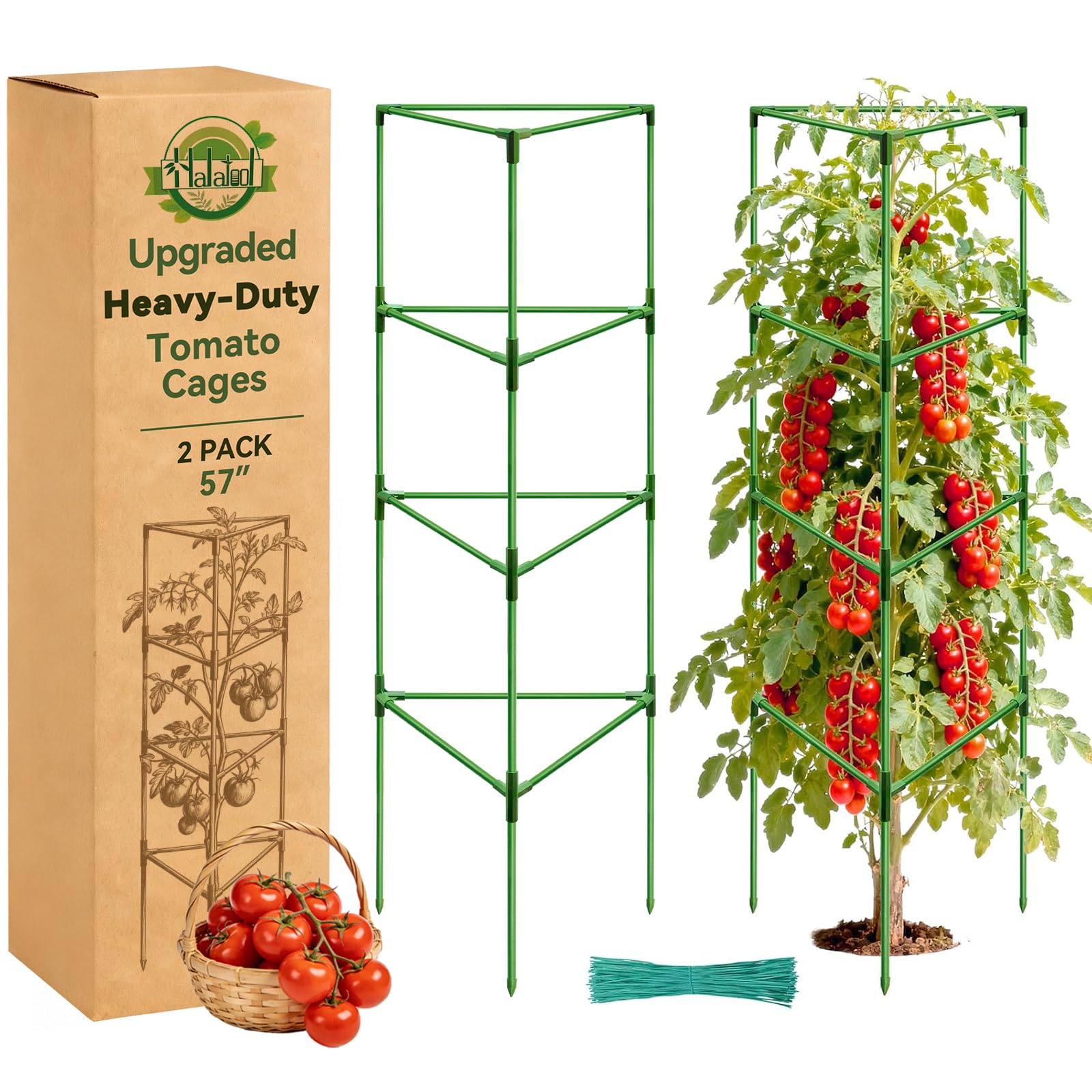 Photo 1 of Halatool 57 Inch Tall Tomato Cages, 2 Pack Heavy Duty Metal Plant Supports Stakes for Garden, Adjustable Foldable Steel Trellis for Climbing Plants Cucumbers Peppers Cherry Flowers Vegetables Fruits