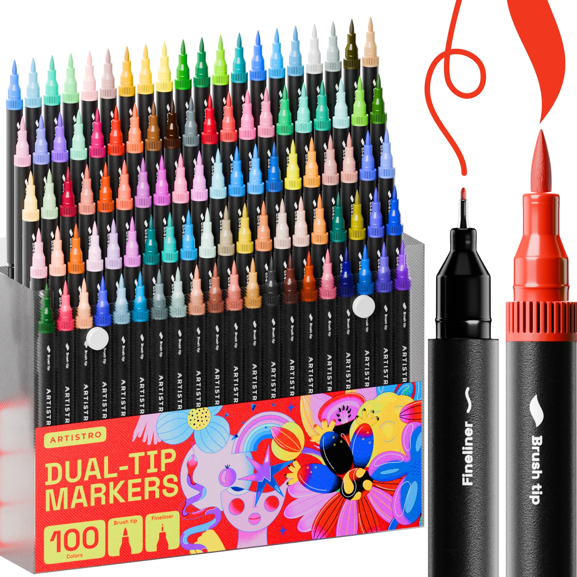 ARTISTRO 100 Brush Marker Pens Coloring Markers for Adults Brush Tip & 0.4mm Fineliner Pens Coloring Markers No Bleeding