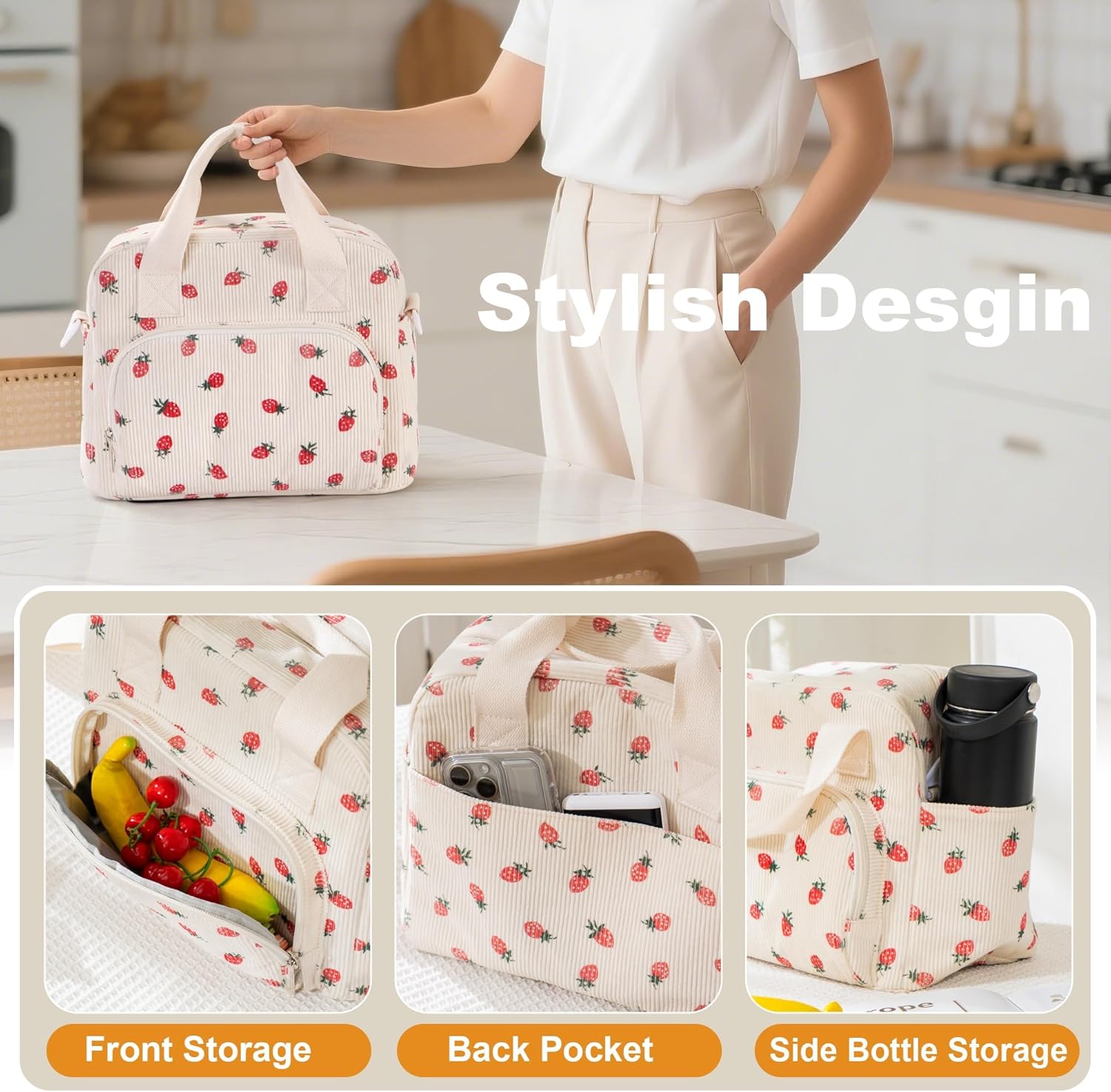 Large Lunch Bag for Women Strawberry Insulated Lunch Box Reusable Cooler Bag Portable Cute Corduroy Leakproof Tote Bags for Travel, Work, and Picnic - Image 3