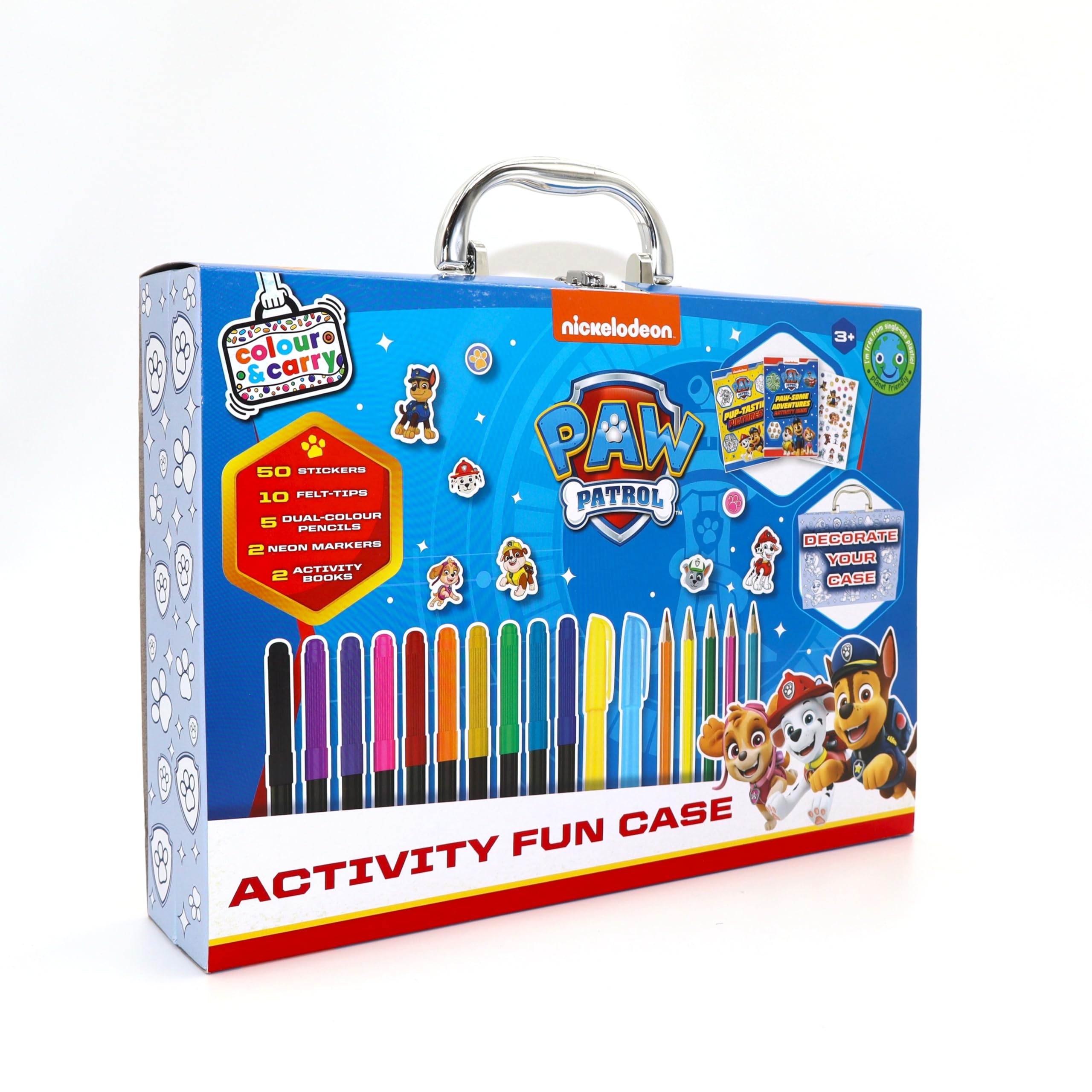Bookoli Boys Multi - Paw Patrol Activity Fun Case - Colour & Carry Kit - 2 Activity Books - 10 Felt-Tip Pens - 50 Stickers - 2 Neon Markers - Customisable Case - Gifts For And Girls Ages 3 To 5 Years