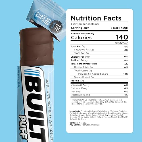 Miniatura 2 de Built Bar Paquete de 12 barras altas en proteínas y energéticas bajas en carbohidratos bajas en calorías bajas en azúcar cubiertas de chocolate 100