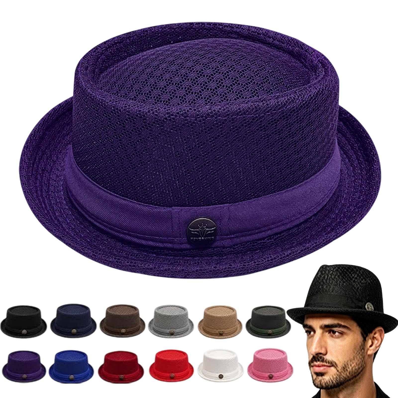 mondpfote Summer Breathable Mesh Pork Pie Hat, Men's Breathable Short Brim Fedora Cap, Classic Bowler Hat for Travel Party (Purple)