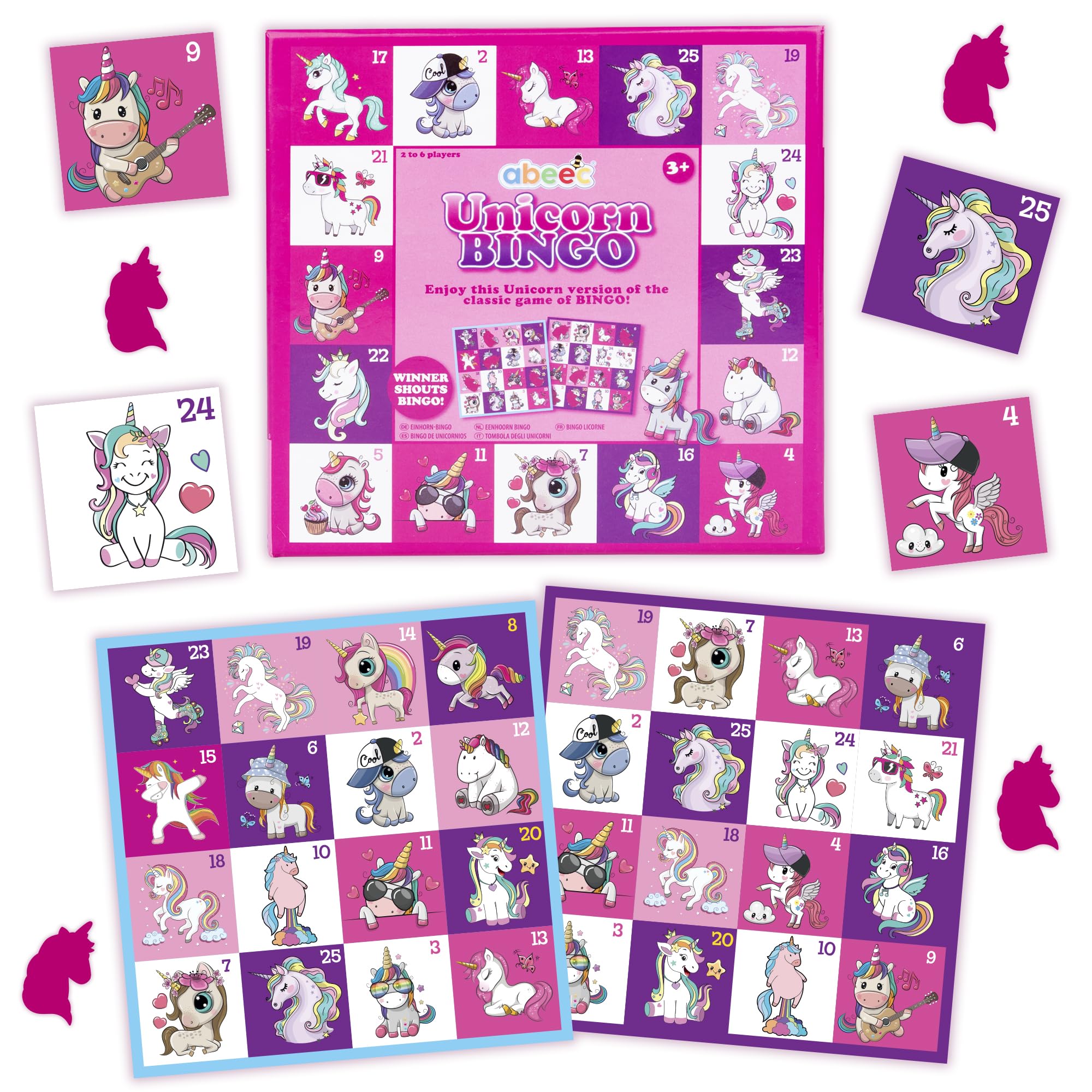 abeec Unicorn Bingo  Bingo Game for Children and Adults Includes Bingo Game Cards, Bingo Card Markers and Bingo Call Out Cards  Kids Bingo Set 5+