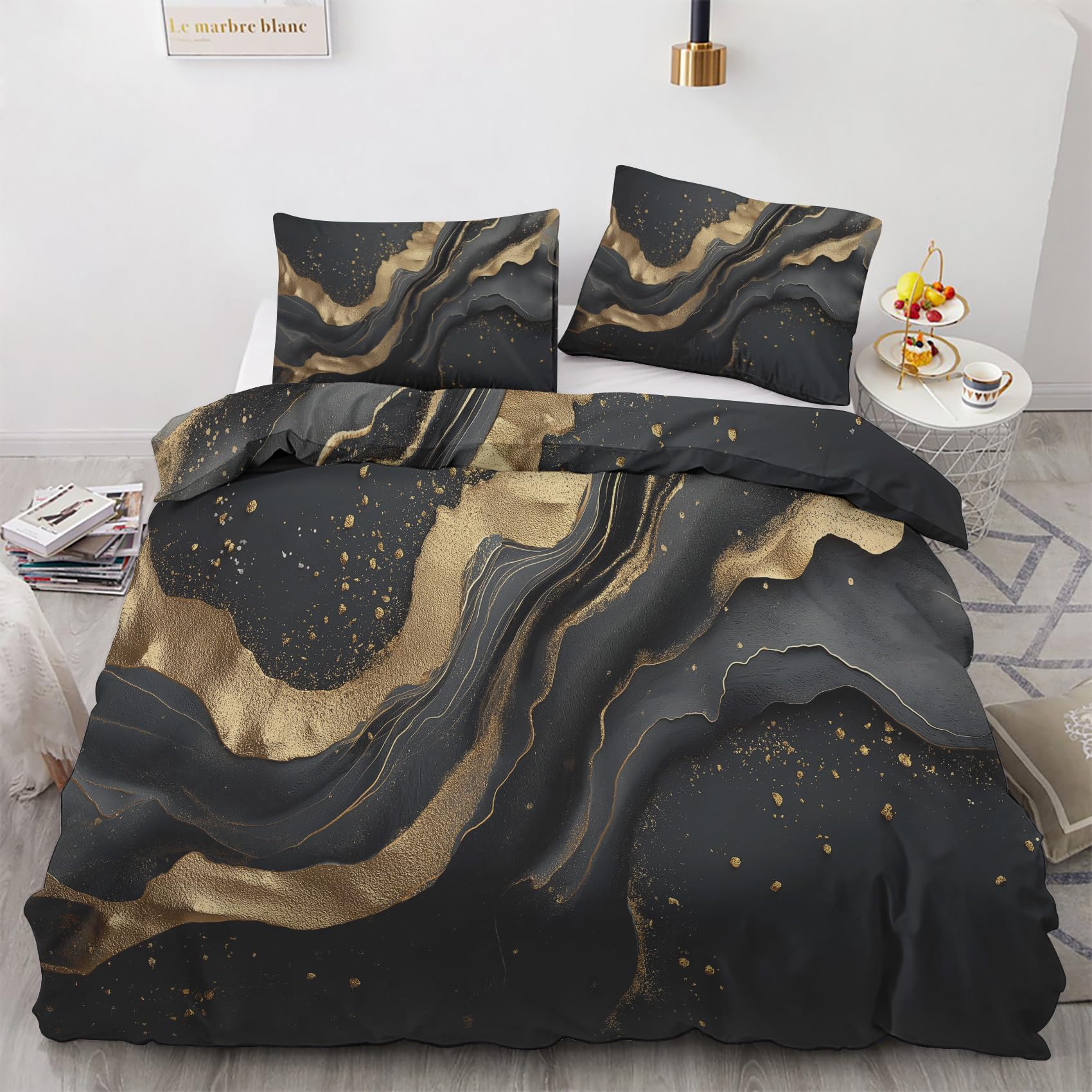 Parure de Lit Marbre Noir Réversible pour une Chambre Style Hôtel Luxe