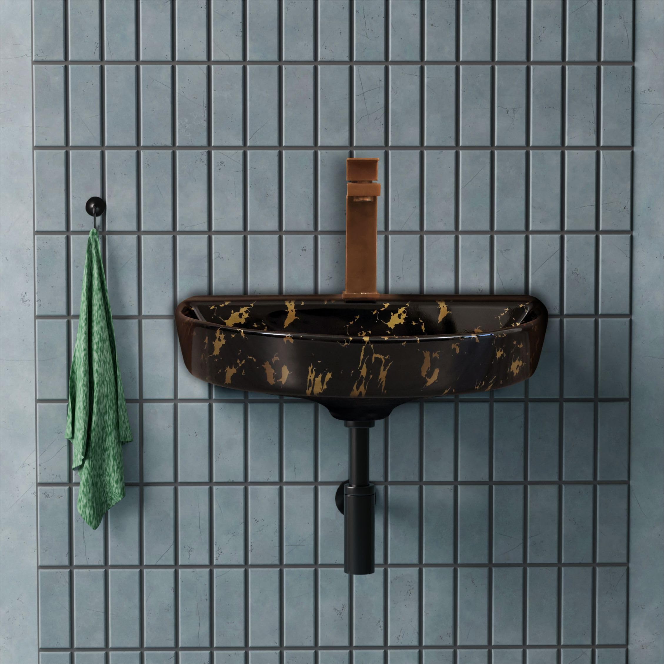 HISRE Wall Mount Wash Basin 18"x13"x5" | Modern Black and Brown Marble Design Ceramic Sink | Rectangular Bathroom Basin for Home, Office & Hotels, photo 3 of 5