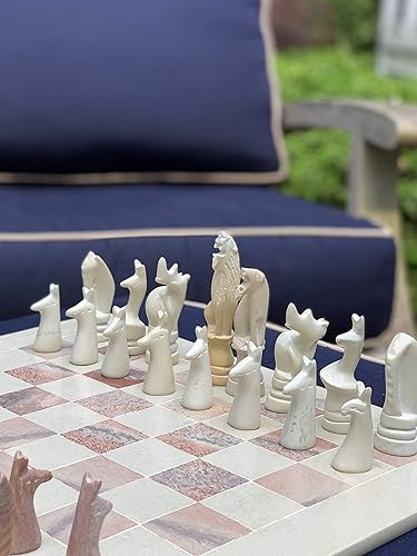 Miniatura 7 de Global Crafts Juego de ajedrez de animales y tablero de esteatita tallada a mano de 15 pulgadas (Kenia)
