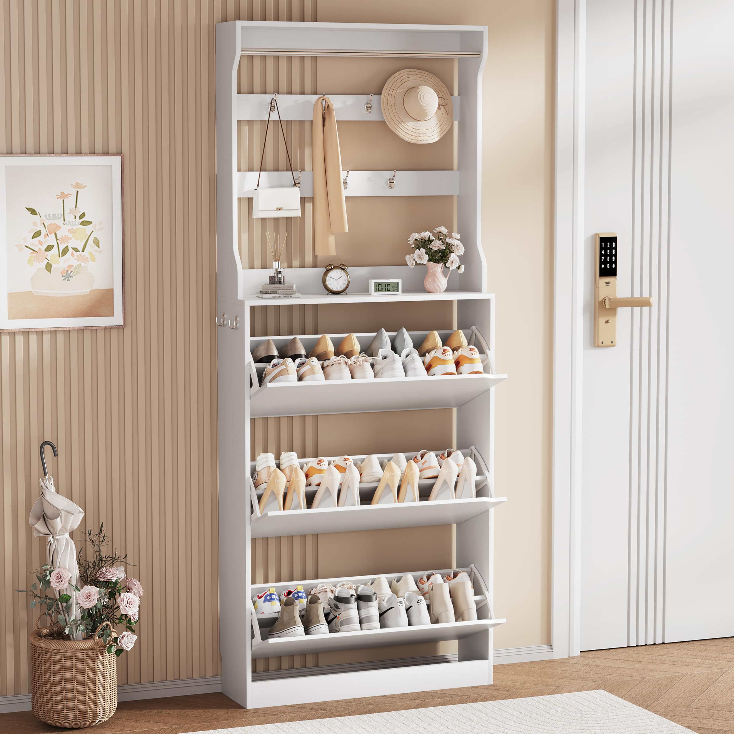 Boonatu Shoe Cabinet for Entryway, White, 31.5 * 9.37 * 78.74 Inch, 3 Flip Drawers, 3 Shelves, Modern Style