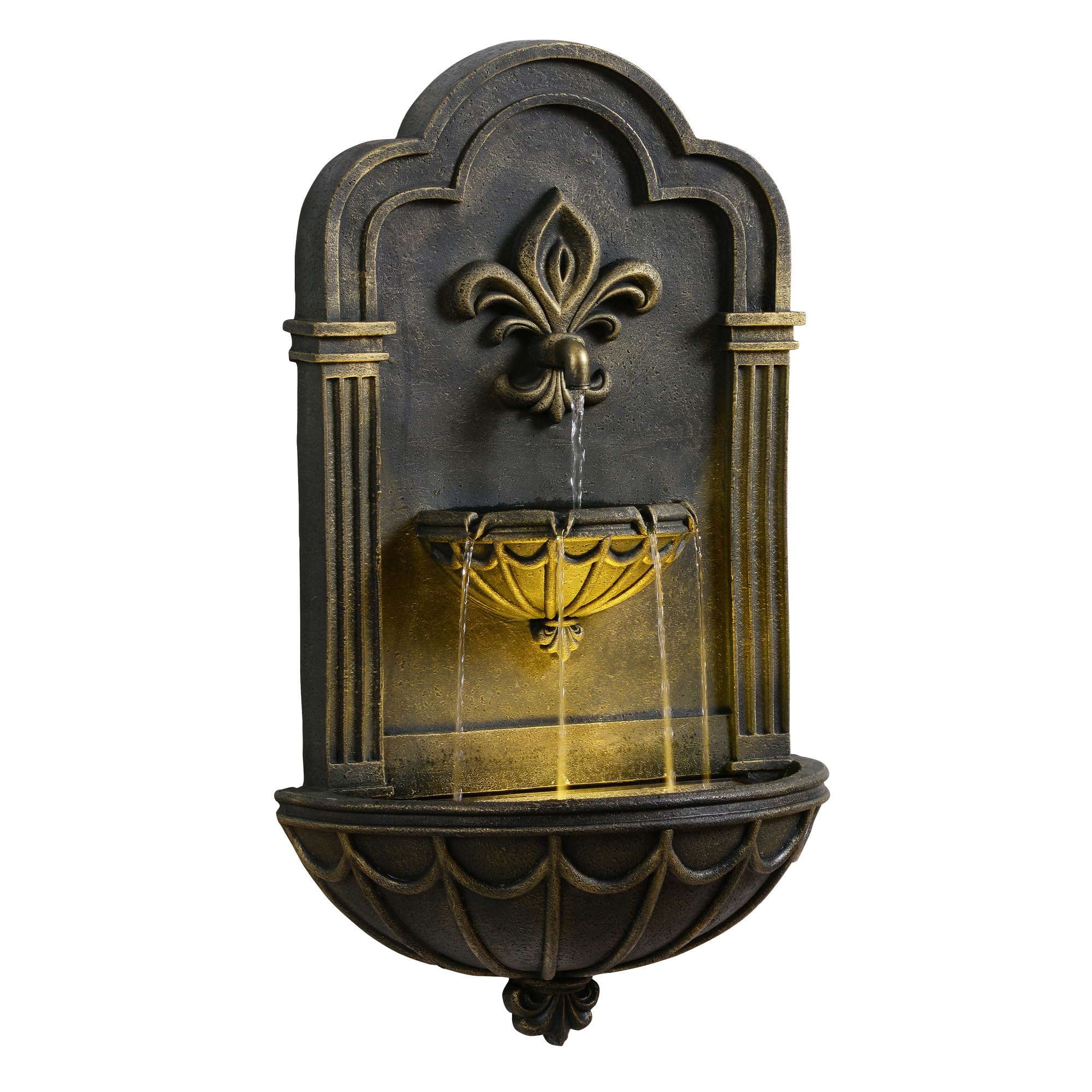 Teamson Home Fleur-de-Lis Wandbrunnen Outdoor 80 cm mit integrierter LED Beleuchtung und dekorativem Schwarz-Gold Finish