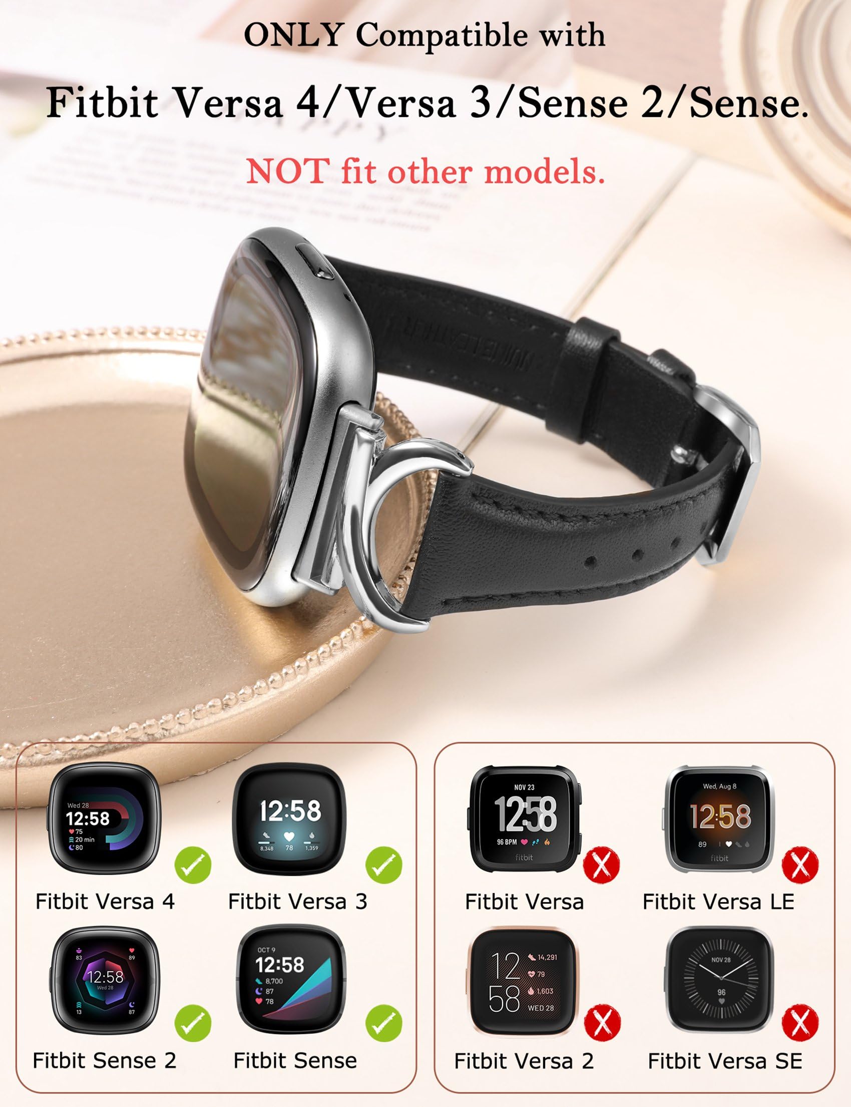 TOYOUTHS Leather Strap Compatible with Fitbit Versa 4/Versa 3/Sense 2 Women Slim Thin Dressy Elegant Premium Leather Strap with C-Shaped Metal Buckle for Versa 4 - Image 2