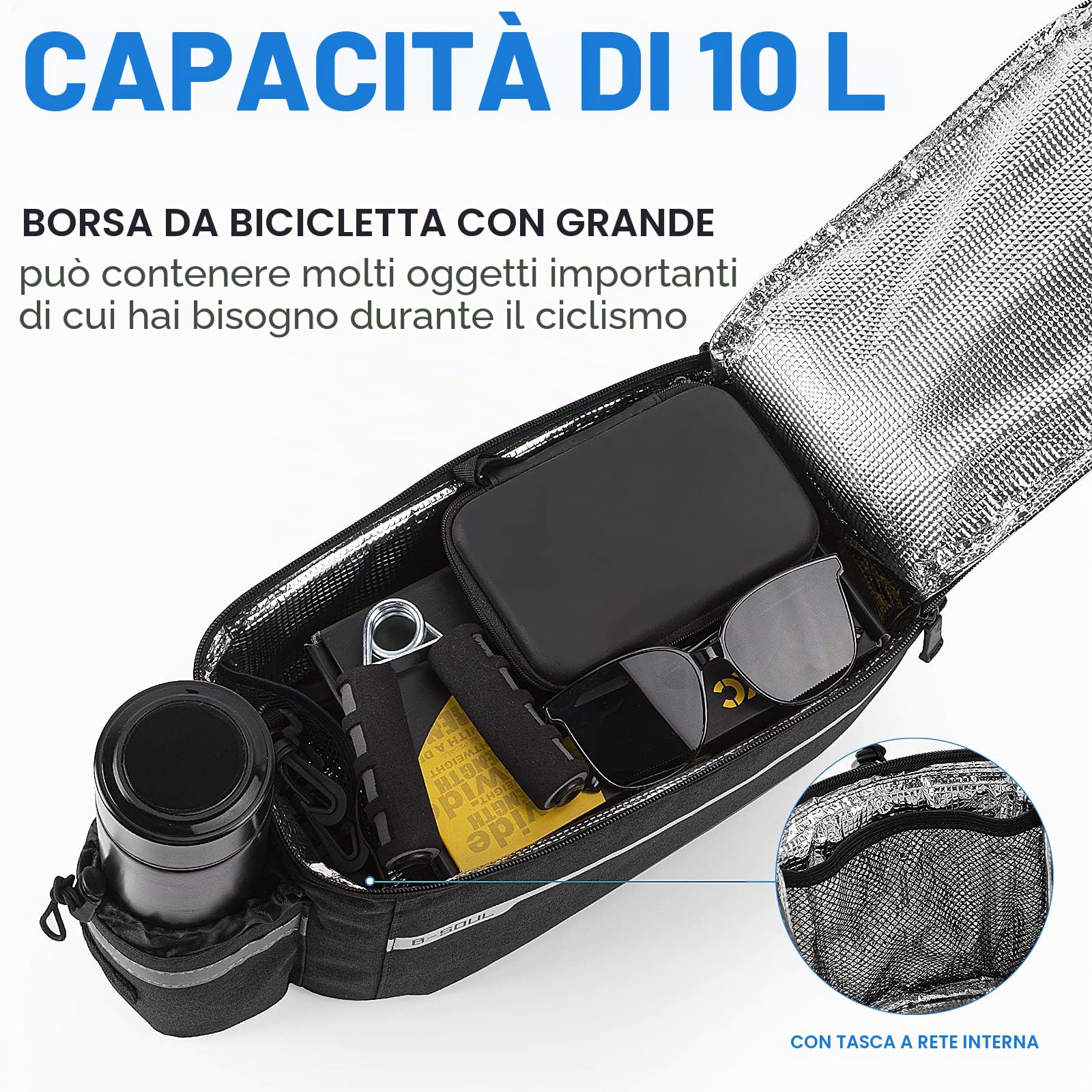 FINEW Borsa per il Bagagliaio Della Bici Borsa isolanti, Pacchetto Grande capacità, Ciclismo con Striscia Riflettente & Grande capacità 10L Impermeabile Pacchetto Bicicletta, Nero