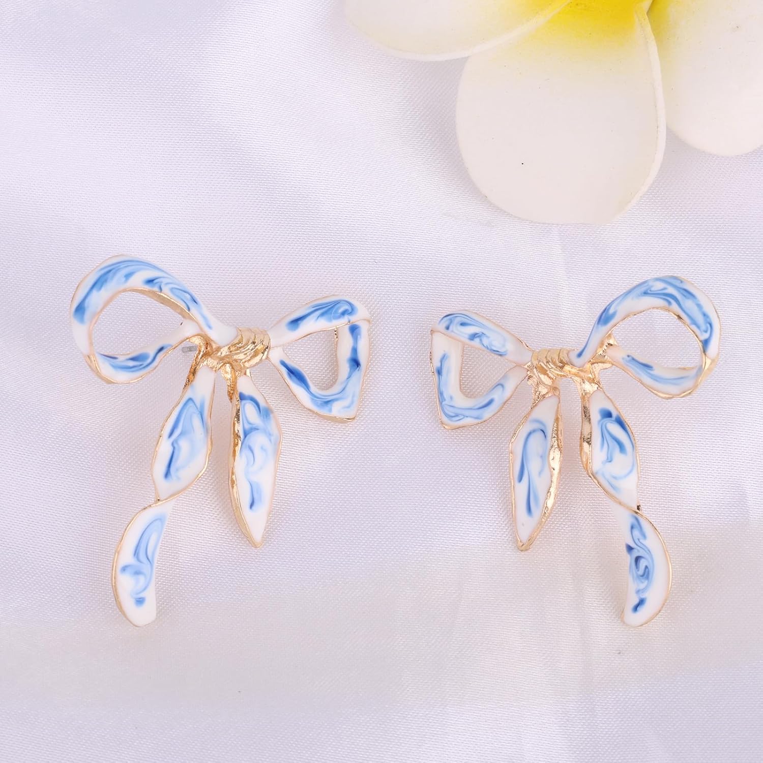 Blue and White Bow Earrings, Porcelain Bow Earrings Blue Enamel Ribbon Jewelry Gift Retro Ear Jewelry for Women - Image 4