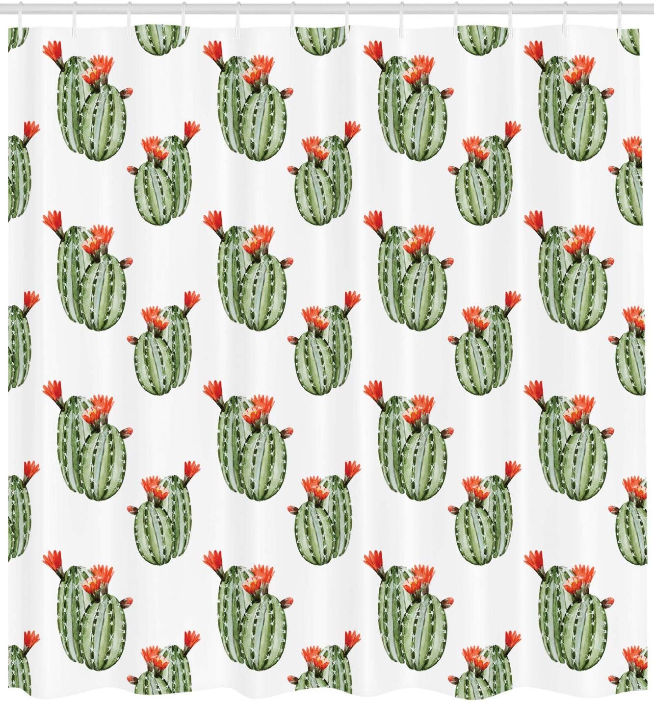Ambesonne Cactus Shower Curtain, Cacti Spikes and Red Flowers Mexican Hot Desert Vintage Image Art, Cloth Fabric Bathroom Decor Set with Hooks, 69" W x 75" L, Green and Orange