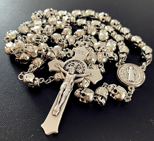Miniatura 4 de Elegantmedical - Rosario católico de San Benito con cruz de cráneo de plata y cruz católica