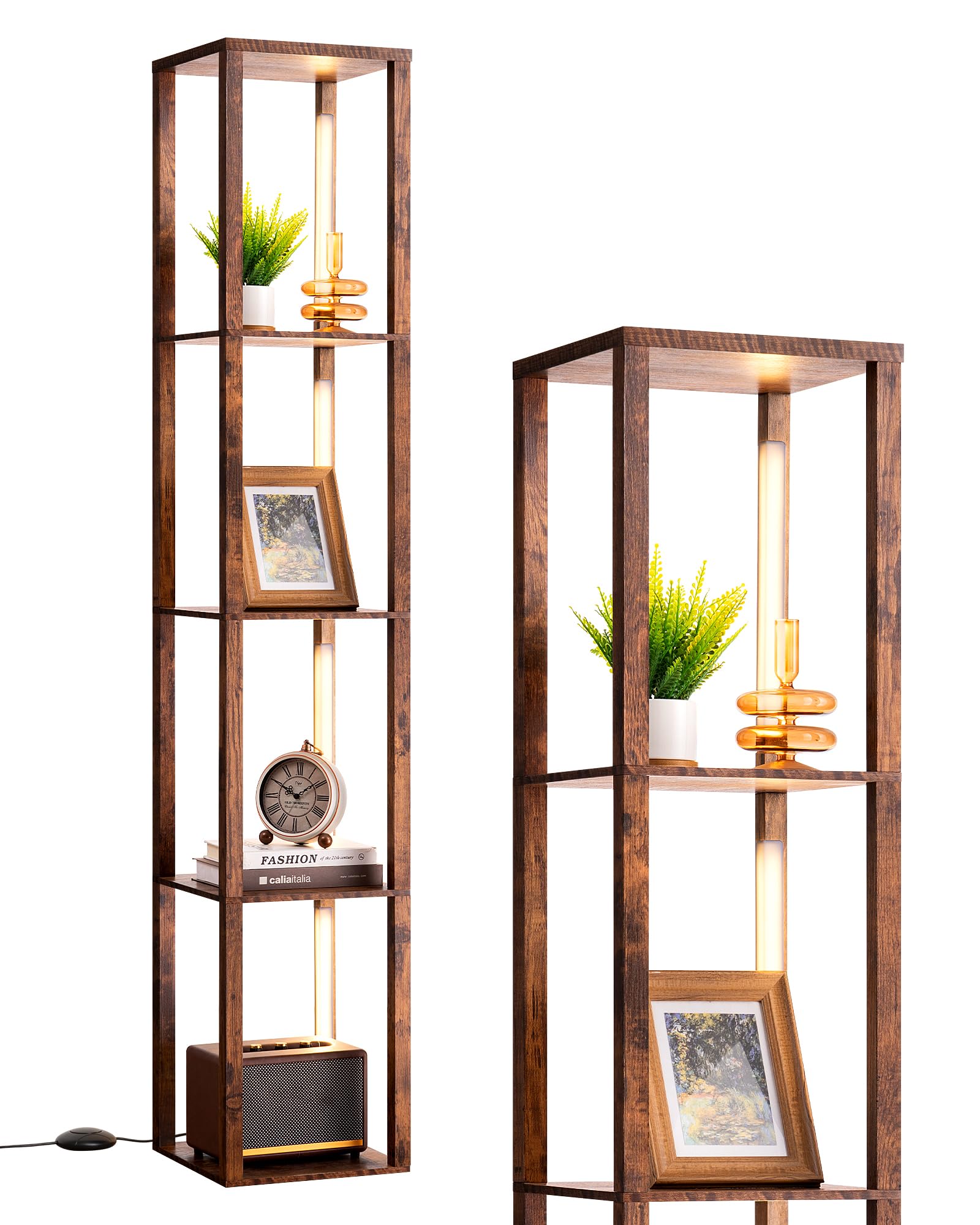 EDISHINE Stehlampe mit Regal Dimmbar, 3 Farbtemperaturen, 20W 1530 Lumen 163 cm Eckregal mit 360° drehbare LED-Leuchten und Fußschalter, Moderne Innenbeleuchtung mit 4 Ablagen, Stehleuchte Wohnzimmer