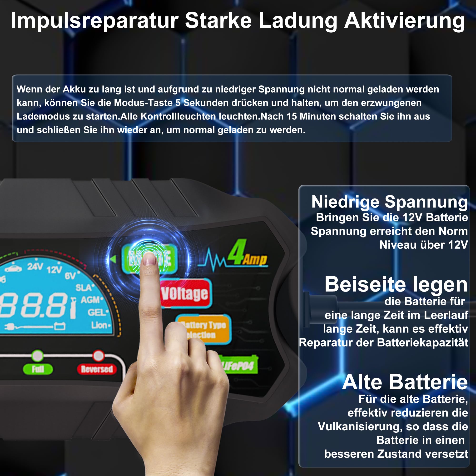 Ładowarka do akumulatora samochodowego, inteligentna ładowarka do akumulatorów 6 V, 12 V, 24 V, do SLA, żelu, AGM, LiFePO4