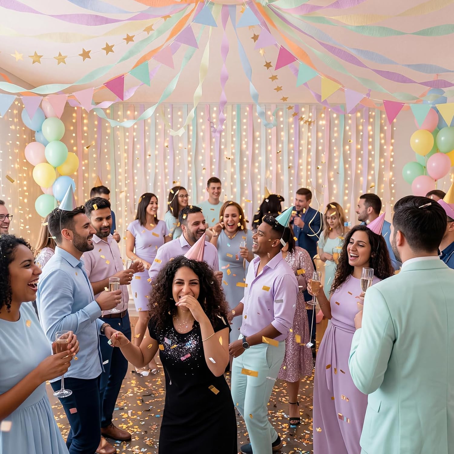 Frienda 14 Pcs Pastel Party Decorations Set 492 ft Colorful Crepe Paper Streamers, 52.8ft Gold Star Garlands Backdrop and 4 Pennant Banner Flags for Wedding Birthday Fancy Party Hanging Decorations