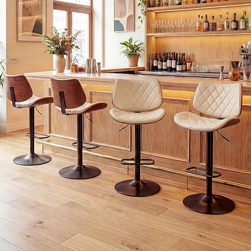 Miniatura 11 de LUNLING Juego de 2 taburetes de bar modernos de mediados de siglo, altura de mostrador, tapizados de cuero negro, sillas de bar giratorias de 360°