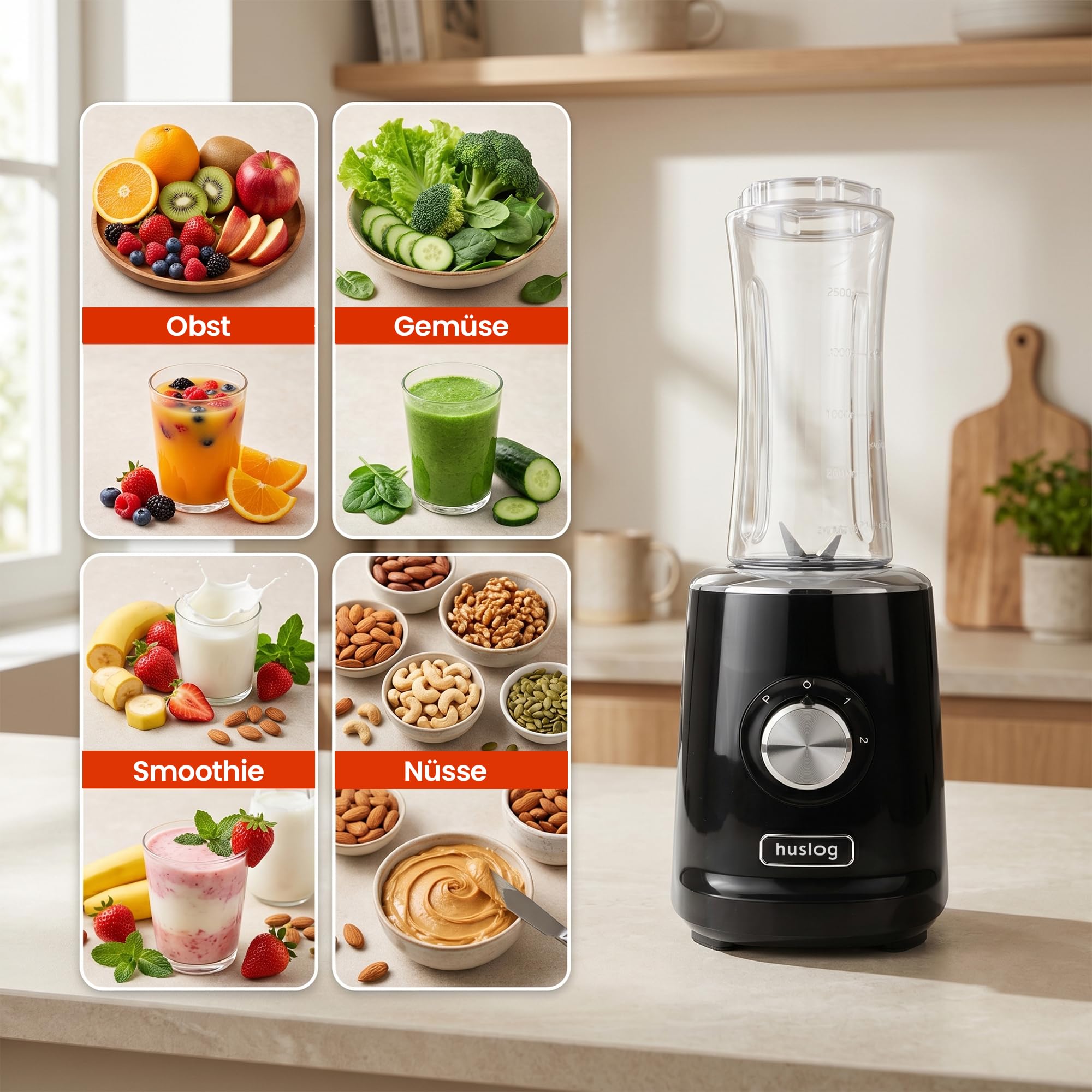 Blender Smoothie 500W, 4 Edelstahlklingen, 600ml Blend & Go Flasche, 2 Geschwindigkeiten+Pulsfunktion, Rutschfeste Basis, Überhitzungsschutz, Standmixer für Smoothies, Proteinshakes, Schwarz
