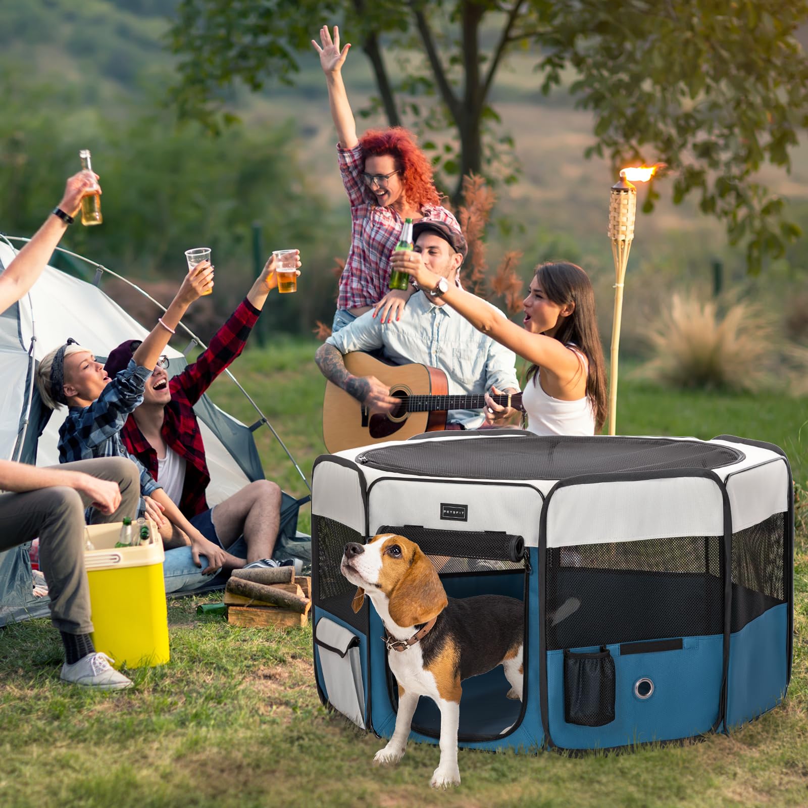 PETSFIT Portable Dog Playpen,36" Dog Play Pen Indoors with Removable Waterproof Mat & Zippered Roof | RV, Camping, Travel Dog Pen | Whelping & Cat Observation Space(36" L x 36" W x 21" H)