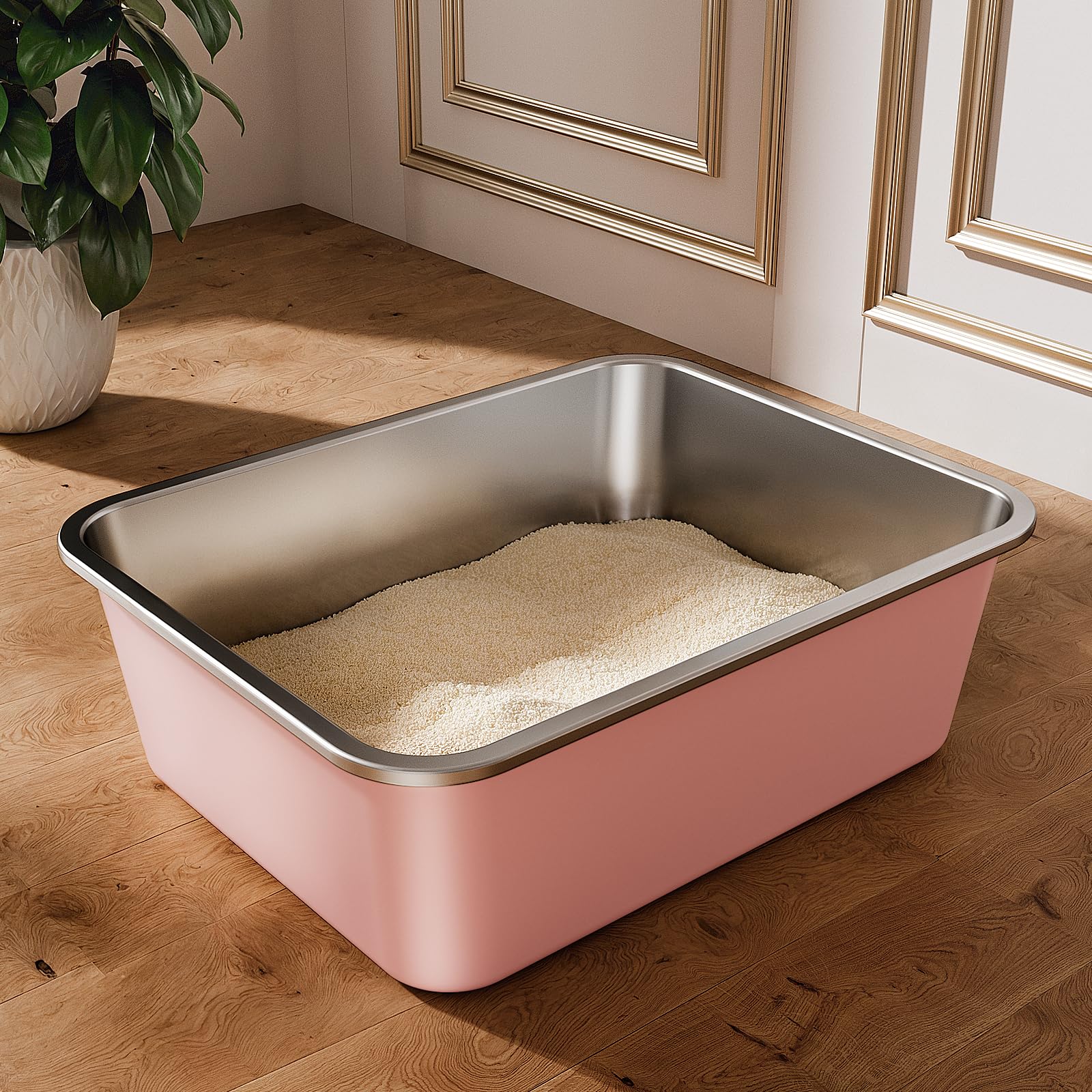 Stainless Steel Cat Litter Tray, Cat Litter Box for Large Small Cats, High Sided Metal Litter Tray, Cats Toilet for Kitten Rabbit and Guinea Pig, Non-Stick, Odor-Free (Pink, 17.5"L×13.6"W×5.9"H)