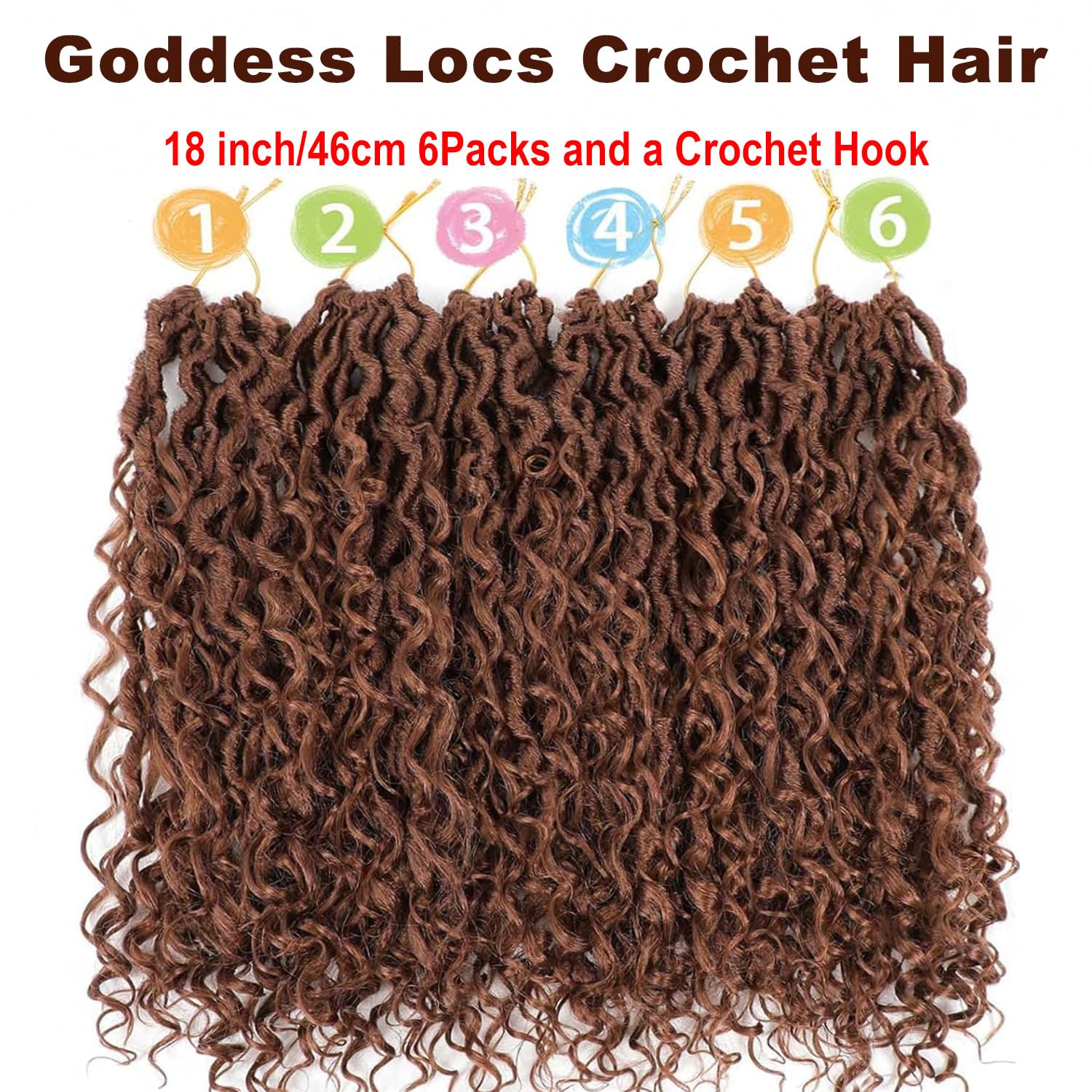 PORSMEER 18 Inch Goddess Locs Crochet Hair 6 Packs for Women Pre-looped River Curly Faux Locs Crochet Hair with Curly Ends Boho Locs Synthetic Hair Extensions (Auburn Brown) - Image 2