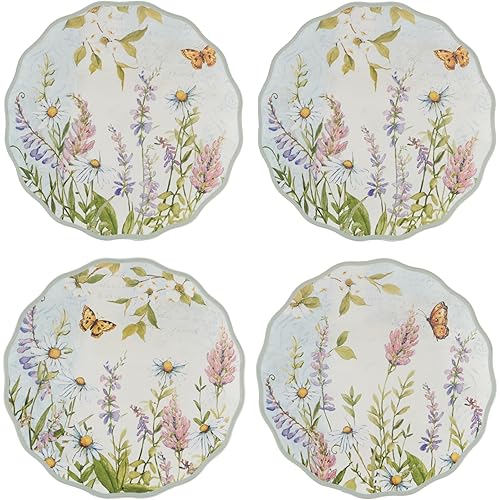 Easter Meadow 6-Inch Canape Plates,Set of 4 – Set of 4 with Whimsical Wildflower & Butterfly Design, Perfect for Appetizers, Mini Desserts & Snacks – Spring & Easter Decor